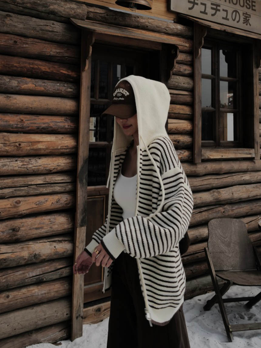 連帽條紋拉鍊針織外套*3色