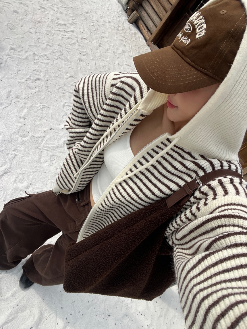 連帽條紋拉鍊針織外套*3色