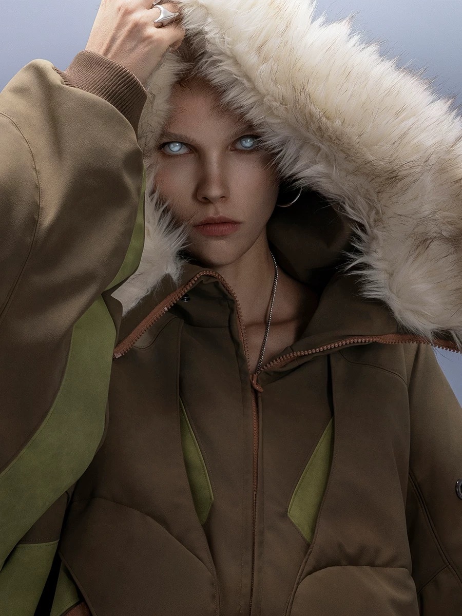 XIPHEVIL「掮行者鬃領夾克」桃皮絨連帽毛領夾棉短外套彎刀袖賽博