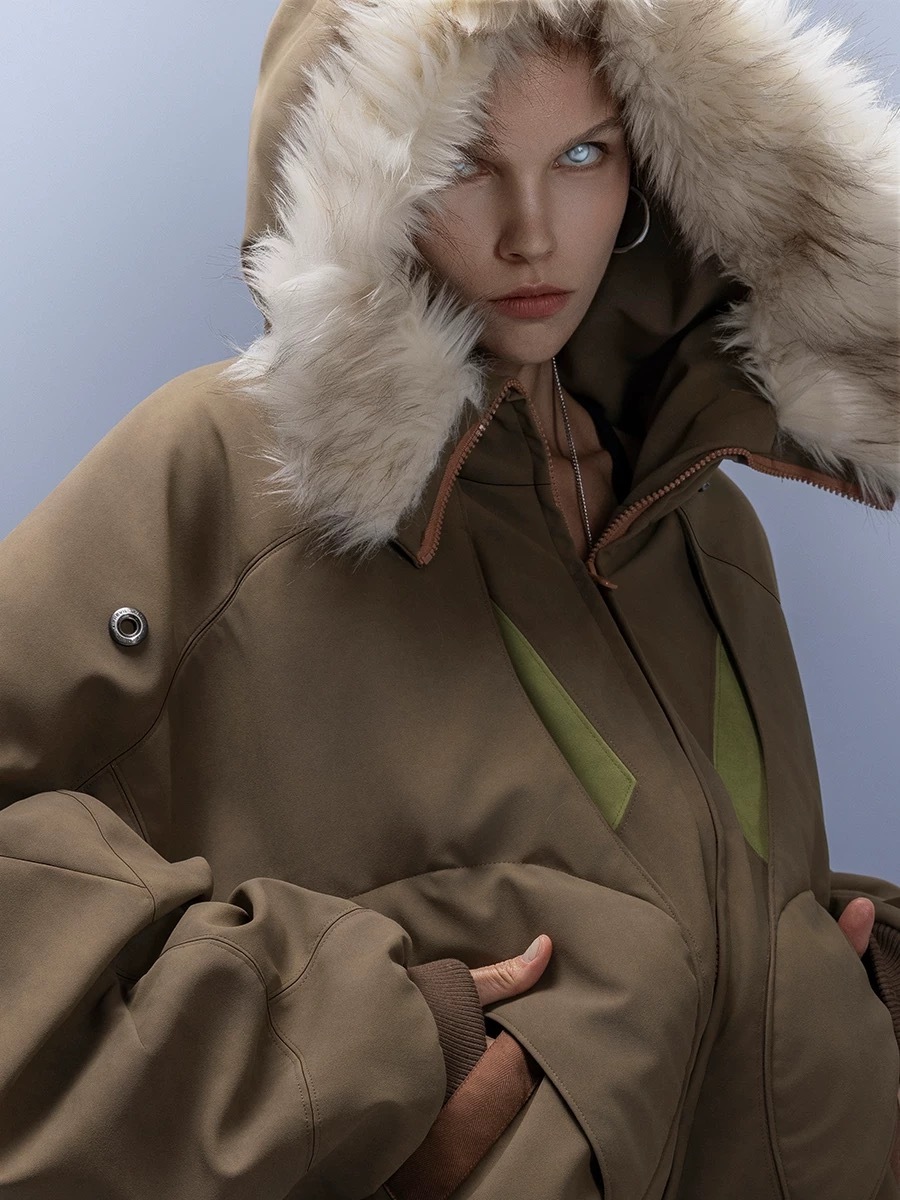 XIPHEVIL「掮行者鬃領夾克」桃皮絨連帽毛領夾棉短外套彎刀袖賽博