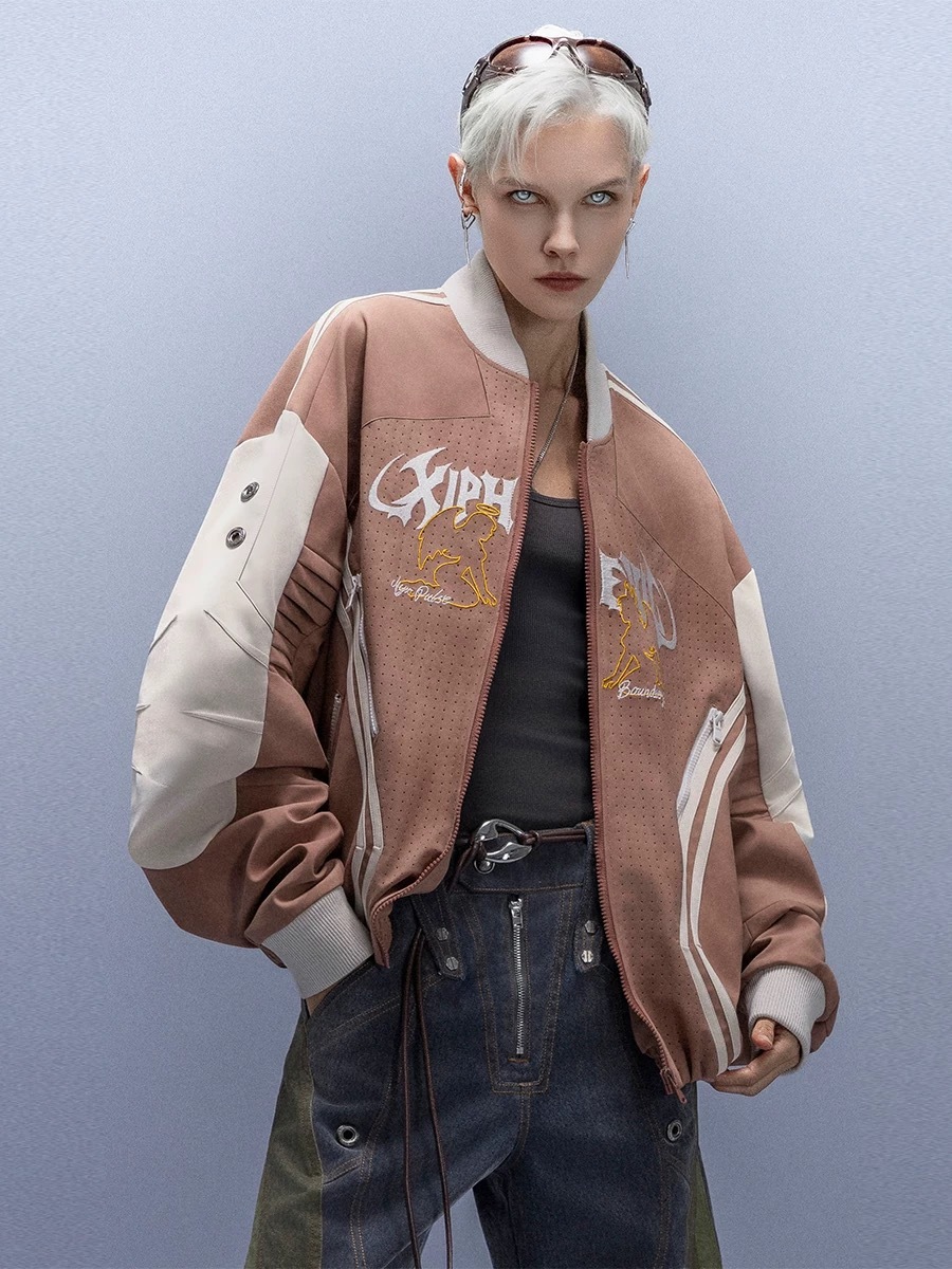 XIPHEVIL「灣區舞力外套」桃皮絨麂皮寬鬆街頭刺繡短外套賽博龐克