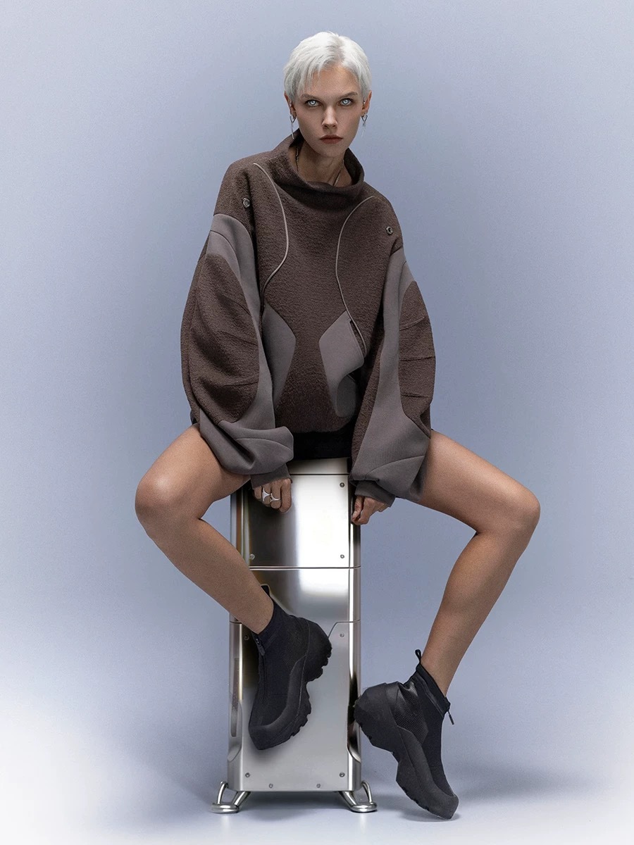 XIPHEVIL「機械式手高領衛衣」高街寬鬆彎刀袖百搭套頭外套賽博龐克