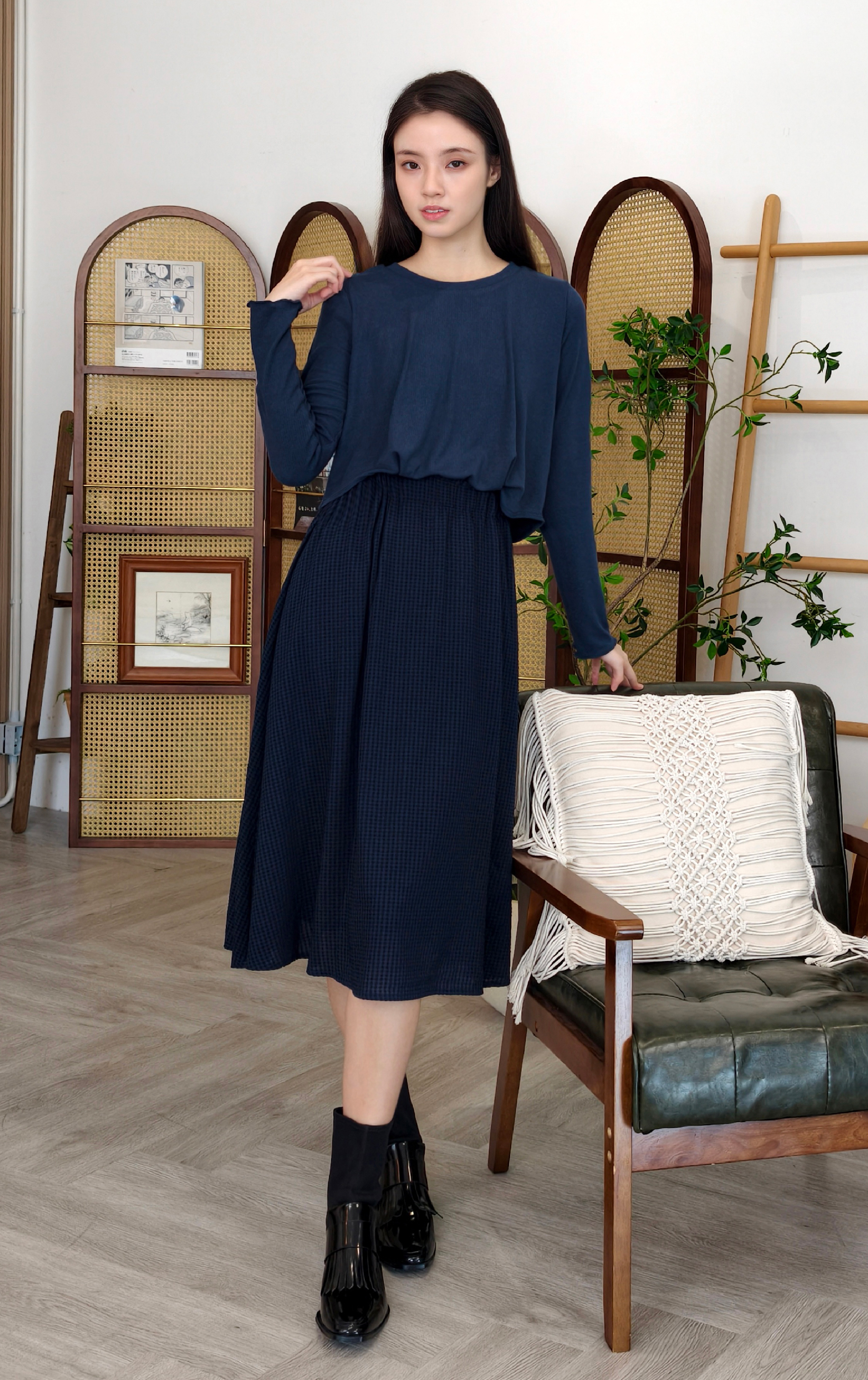 拼布長袖連衣裙 OP0313