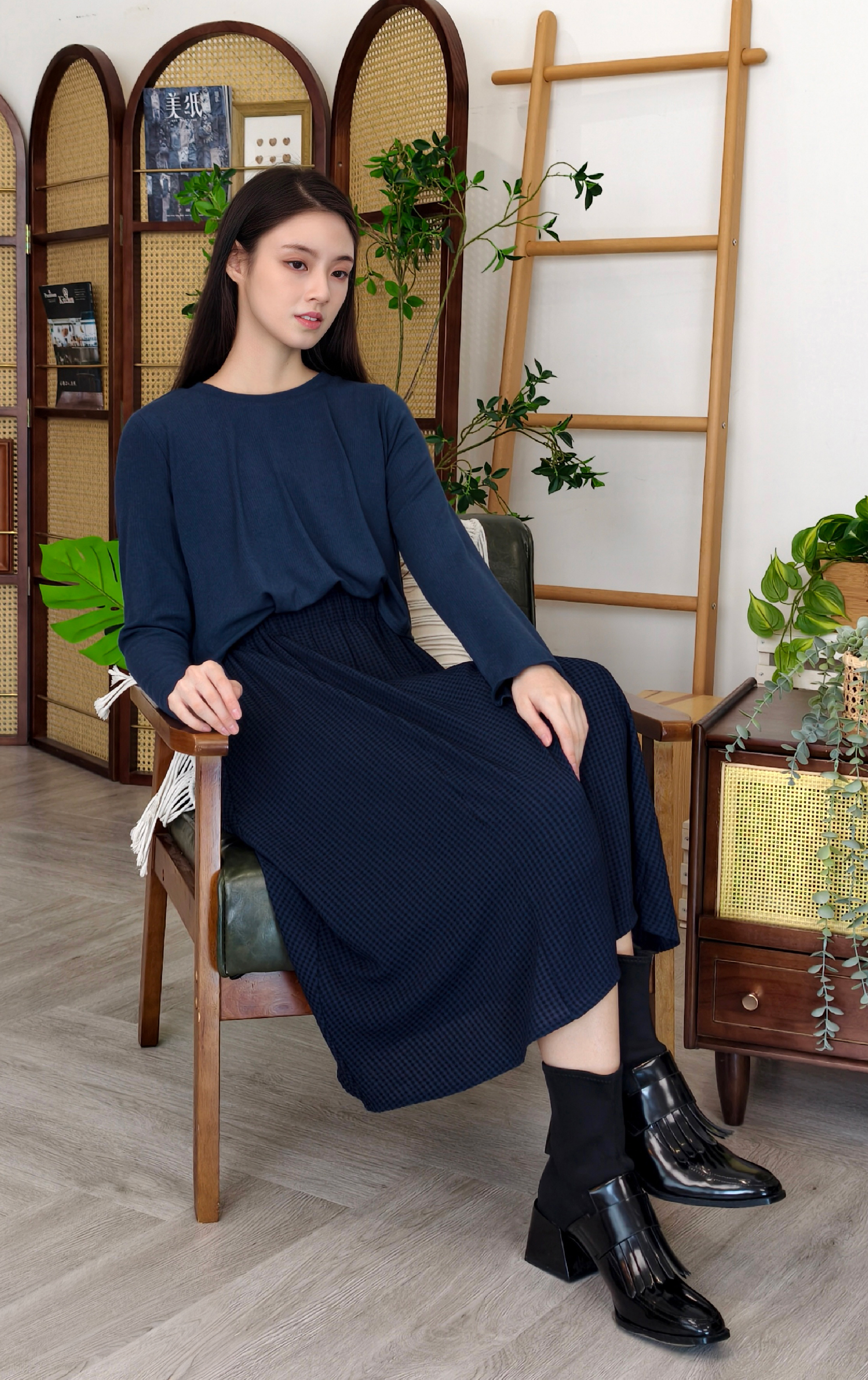 拼布長袖連衣裙 OP0313