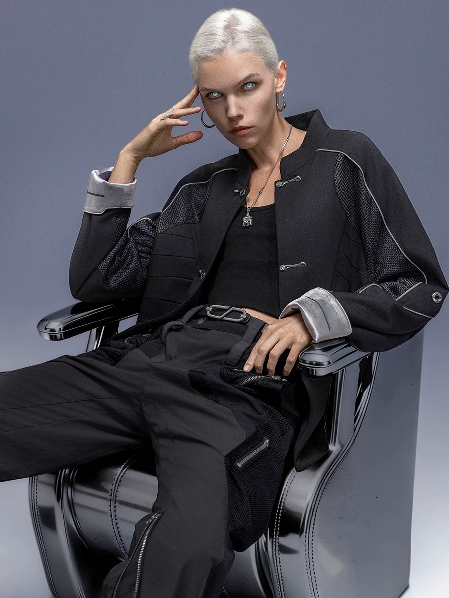 XIPHEVIL「矩陣黑手唐裝」羊毛外套全新中式反光高街修身賽博龐克