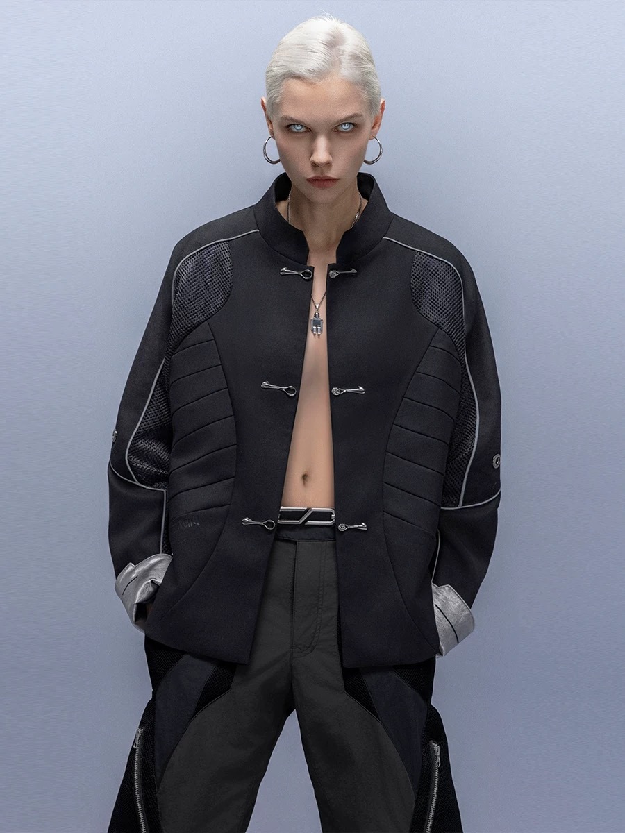 XIPHEVIL「矩陣黑手唐裝」羊毛外套全新中式反光高街修身賽博龐克