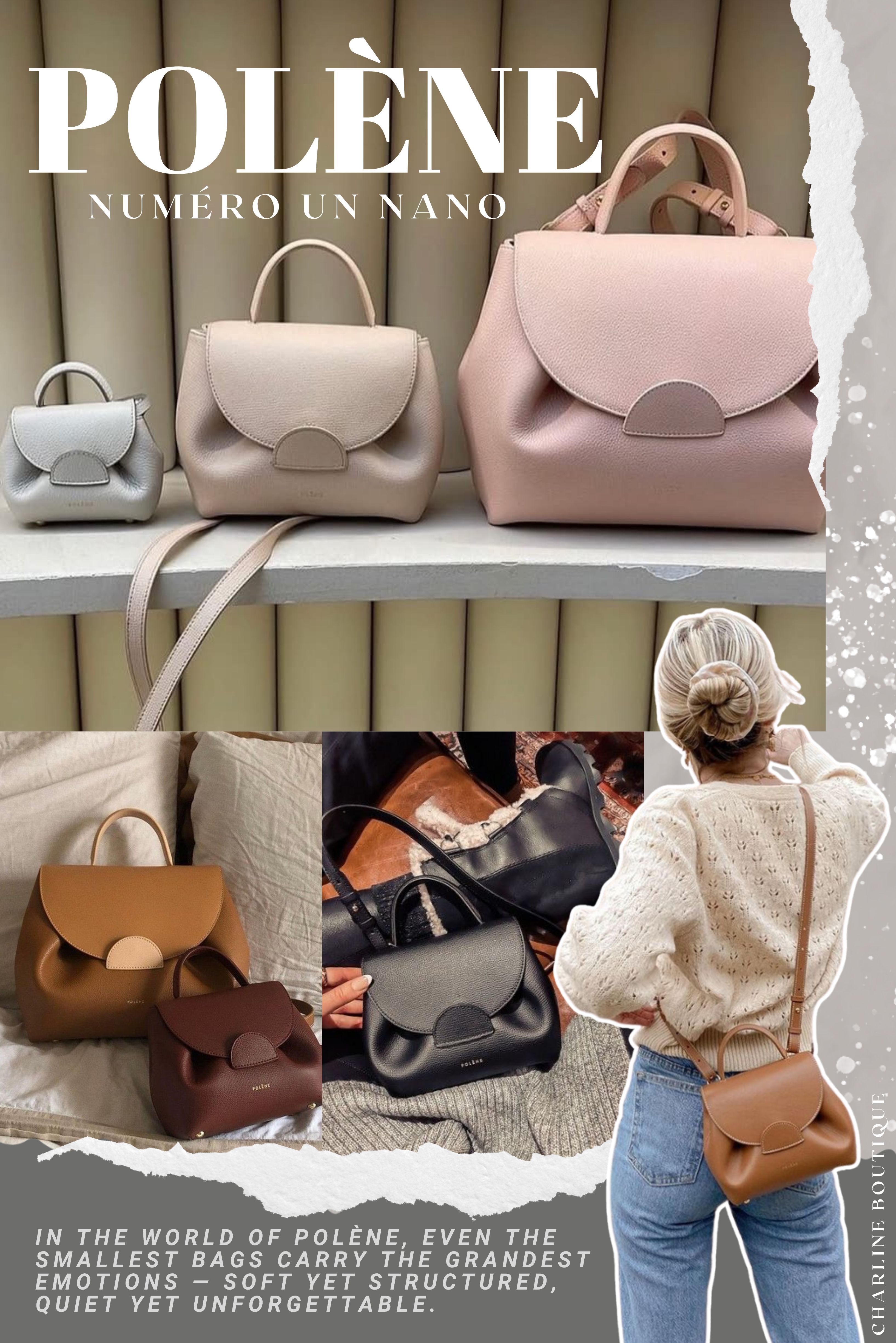 先從 Polène 家的「國民女友」——Numéro Un Nano 說起吧！這款算是他們家最具代表性的經典包 Un 的迷你版本，整體設計保留了那個優雅翻蓋與層次分明的摺線，包型小巧但線條俐落，不論手提還是肩背，都有一種自然流露的法式範兒。最驚喜的是它的容量根本是超能力等級，手機、錢包、唇膏、補妝小物輕鬆收納，根本是通勤、逛街、約會全場通吃的小包王者。對 Polène 初學者來說，Un Nano 絕對是那顆「入門即巔峰」的完美選擇。