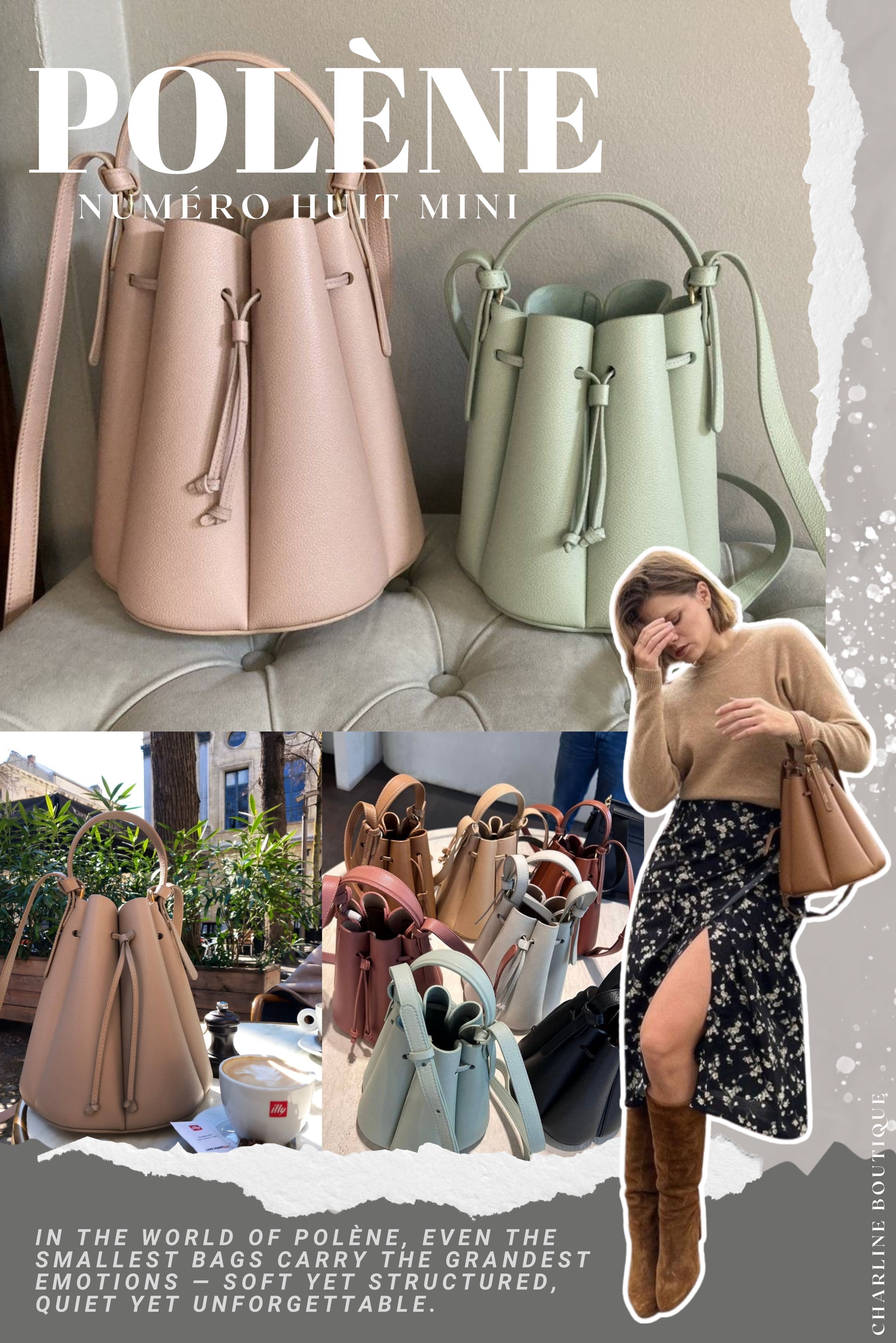 說到最具雕塑感的一款，那就非 Numéro Huit Mini 莫屬了。它像是一個極簡建築師親手捏出來的迷你雕塑，圓筒狀的包體超有立體感，整體比例抓得剛剛好，拎上街就是一種「不用說話也有氣場」的態度。Huit Mini 雖然外型酷感十足，但內裝空間非常給力，放手機、粉餅、墨鏡都不是問題。這顆包自帶一種巴黎左岸的文藝女子氣質，像是坐在咖啡店窗邊、手裡拿一本哲學書的那種女生，不用張揚就能吸引目光。加上可以手提也能肩背，怎麼搭都很有風格，走文青摩登路線的您一定會愛。