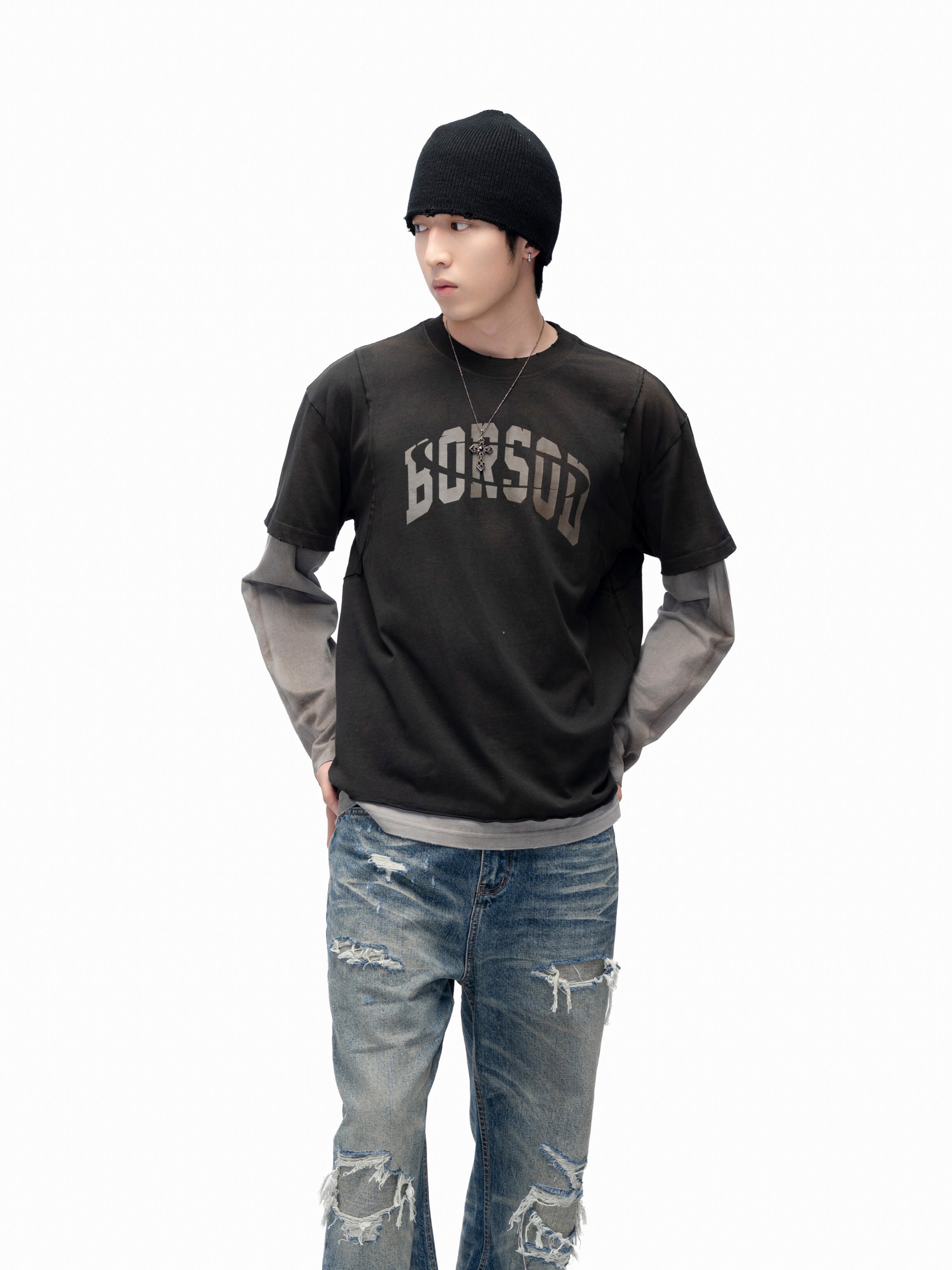 ACR 字母 動態 撞色 假兩件 長袖