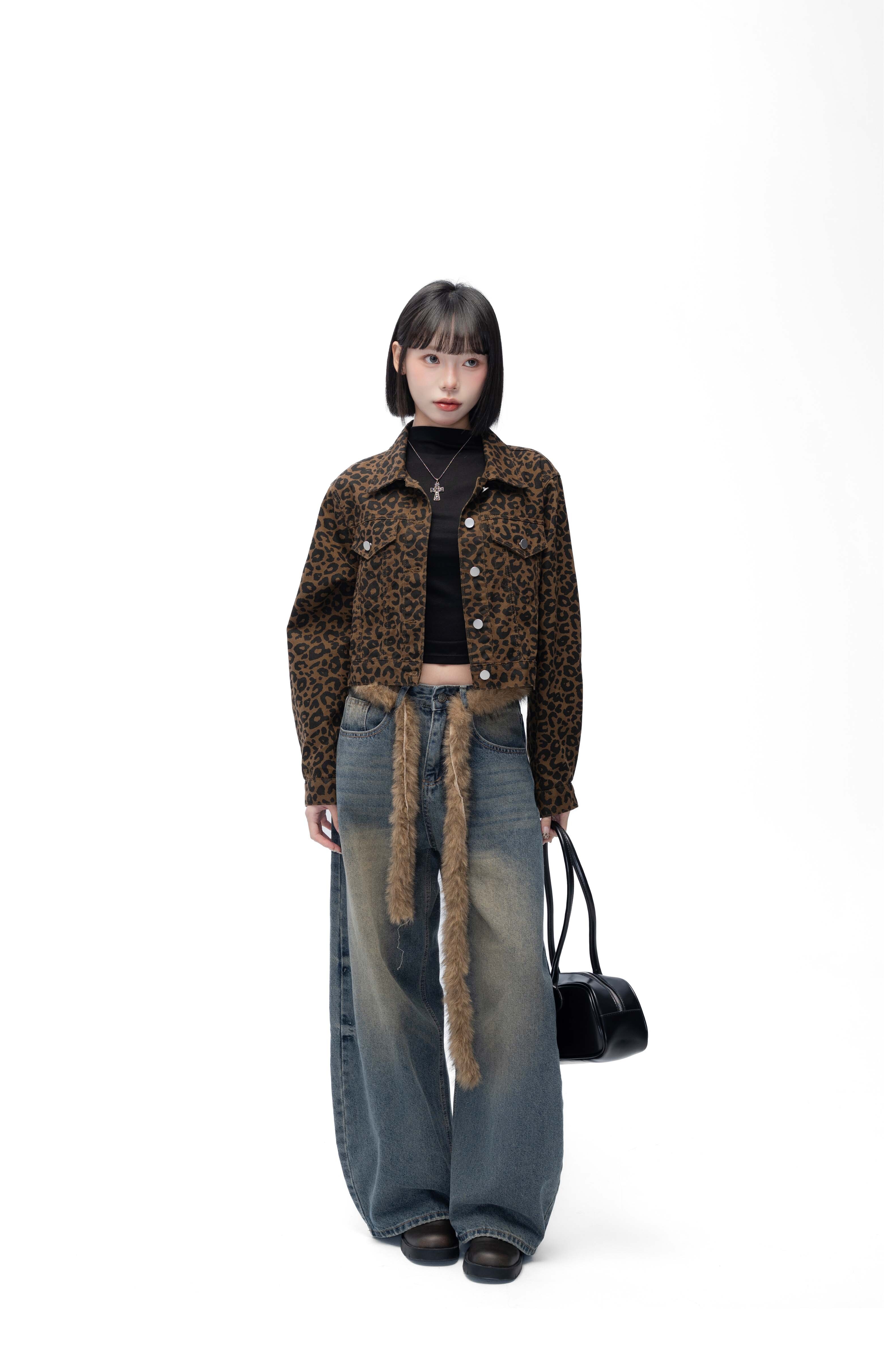 ACR 雙口袋 豹紋 短版 牛仔 外套