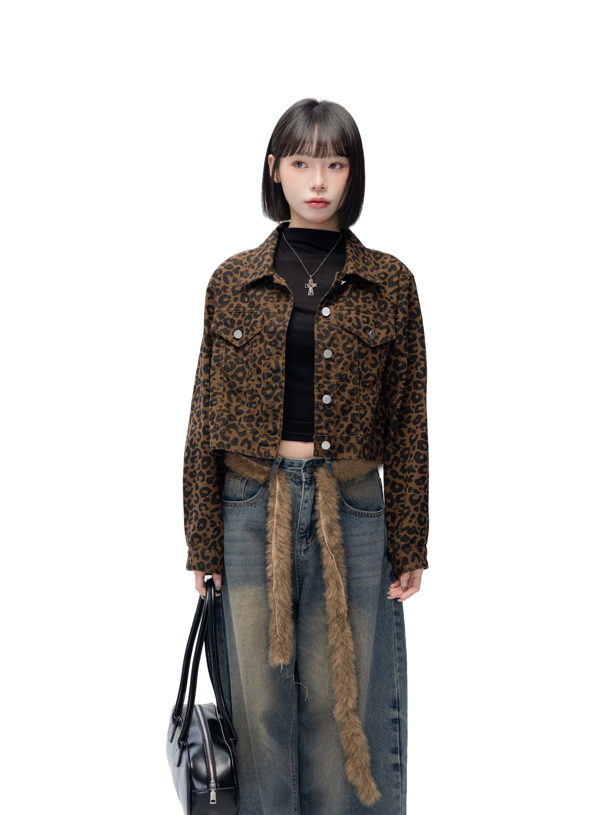 ACR 雙口袋 豹紋 短版 牛仔 外套