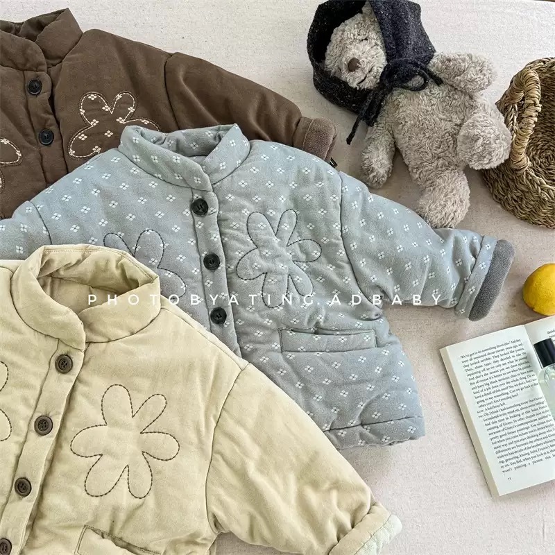 三色刺繡花加絨加厚外套