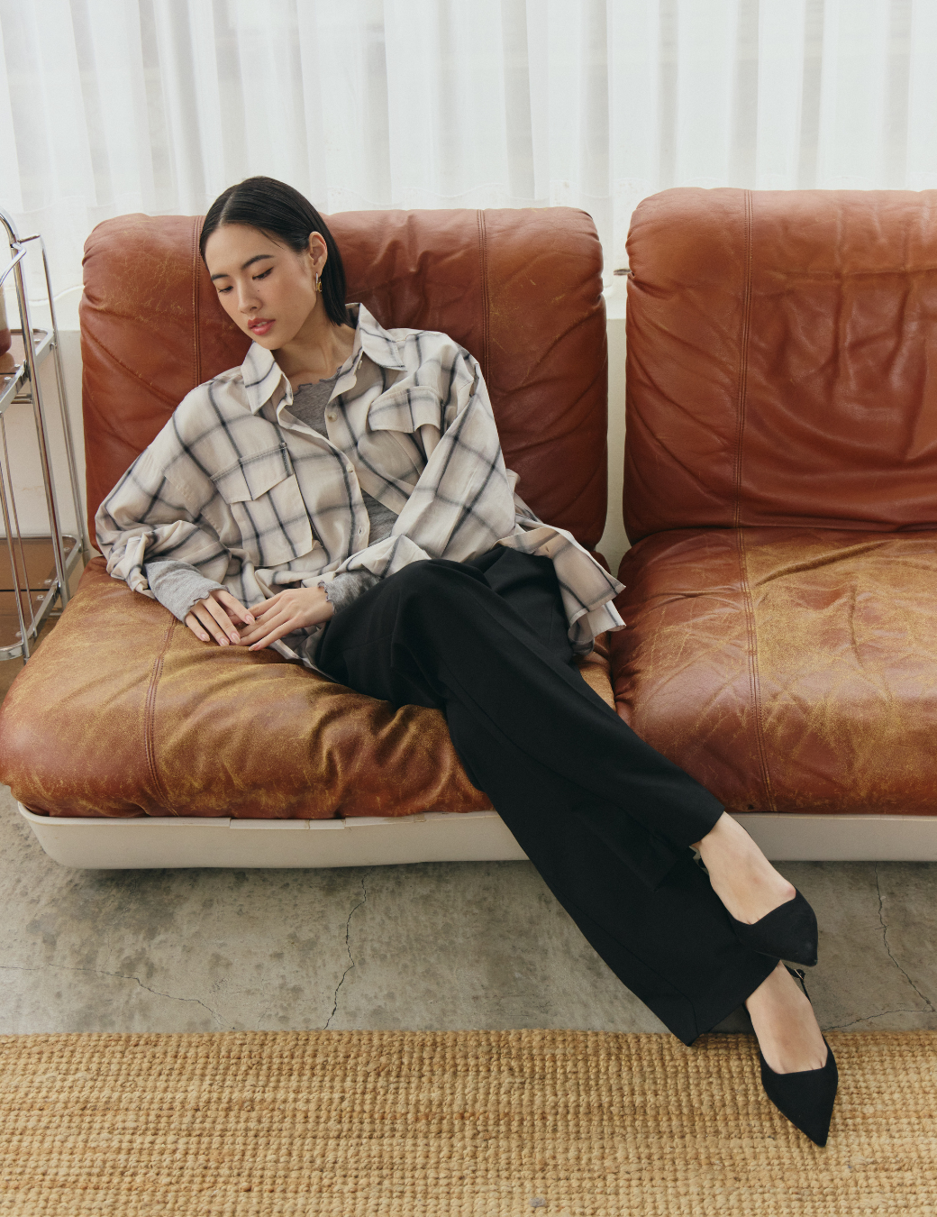 格紋雙口袋寬版襯衫