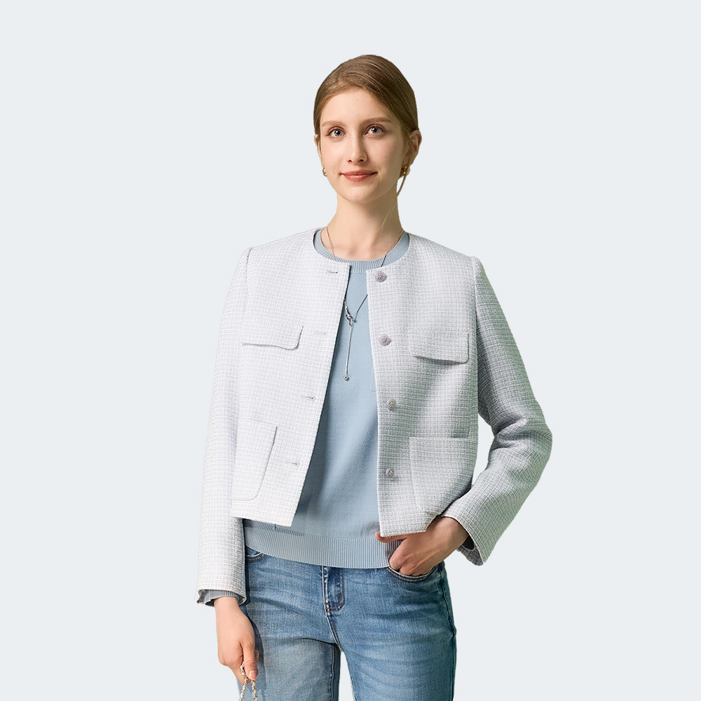 微光格紋短版無領外套