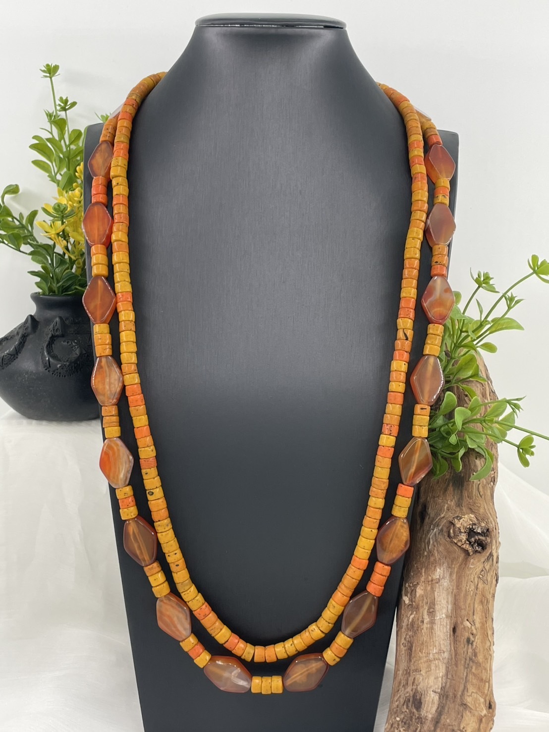 W-No.15傳統做舊橘珠瑪瑙兩條式複串長鍊80cm