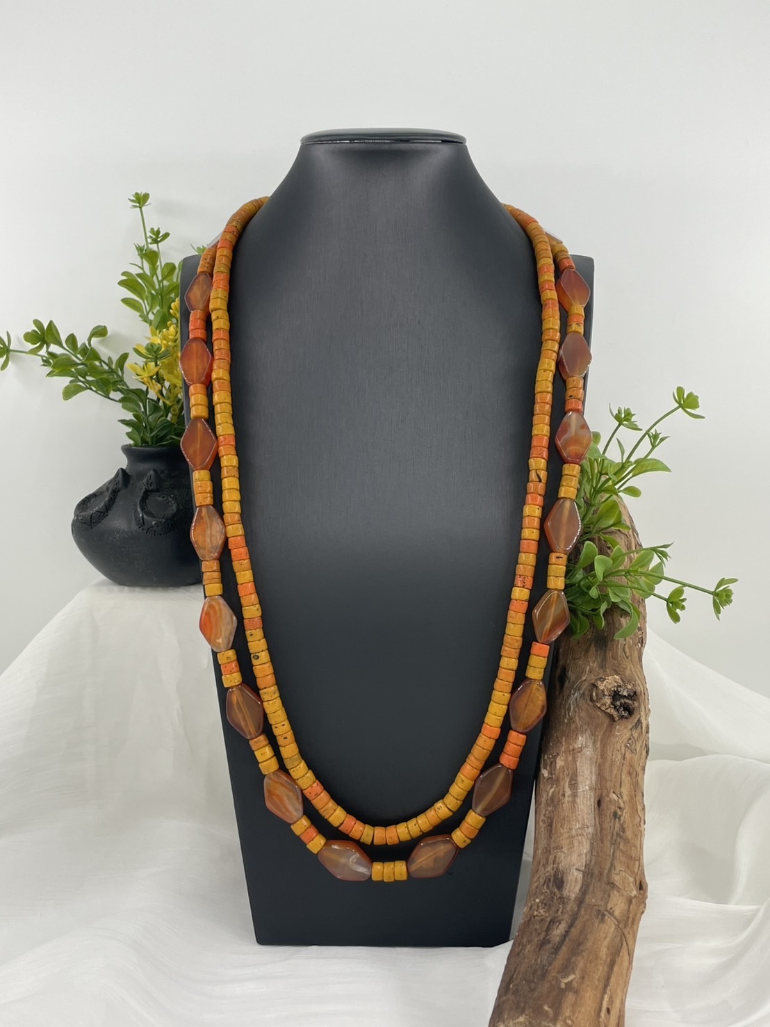 W-No.15傳統做舊橘珠瑪瑙兩條式複串長鍊80cm