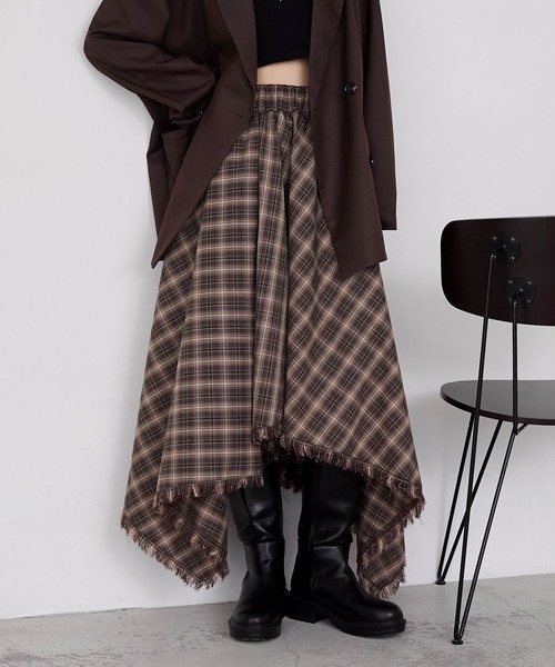 日本🇯🇵連線 Forksy 不對稱斜紋格紋流蘇裙 下擺流蘇 格紋 多層次 長裙 裙子 傘裙 3色(任買兩件711免運)/預購
