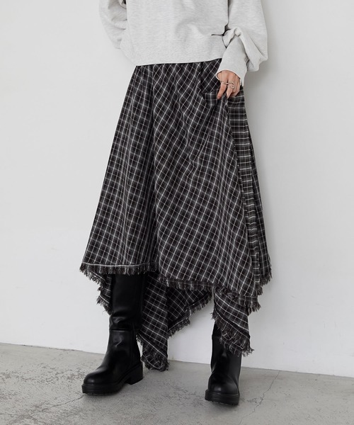 日本🇯🇵連線 Forksy 不對稱斜紋格紋流蘇裙 下擺流蘇 格紋 多層次 長裙 裙子 傘裙 3色(任買兩件711免運)/預購