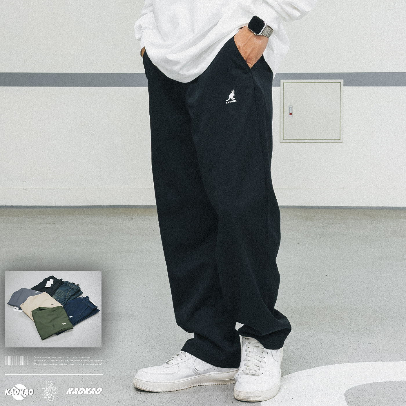 現貨KANGOL Logo 刺繡 半寬錐形 斜紋長褲/復古牛仔褲【PT1548】