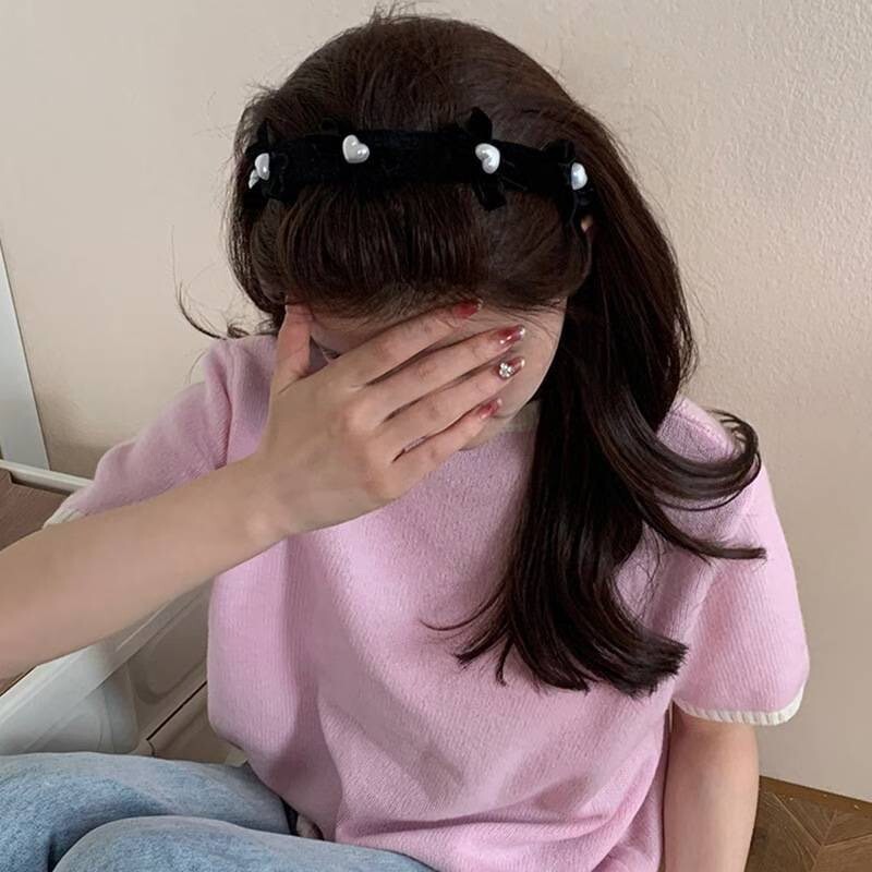 經典黑立體愛心珍珠蝴蝶結造型髮箍