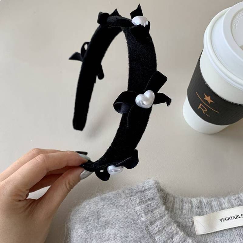 經典黑立體愛心珍珠蝴蝶結造型髮箍