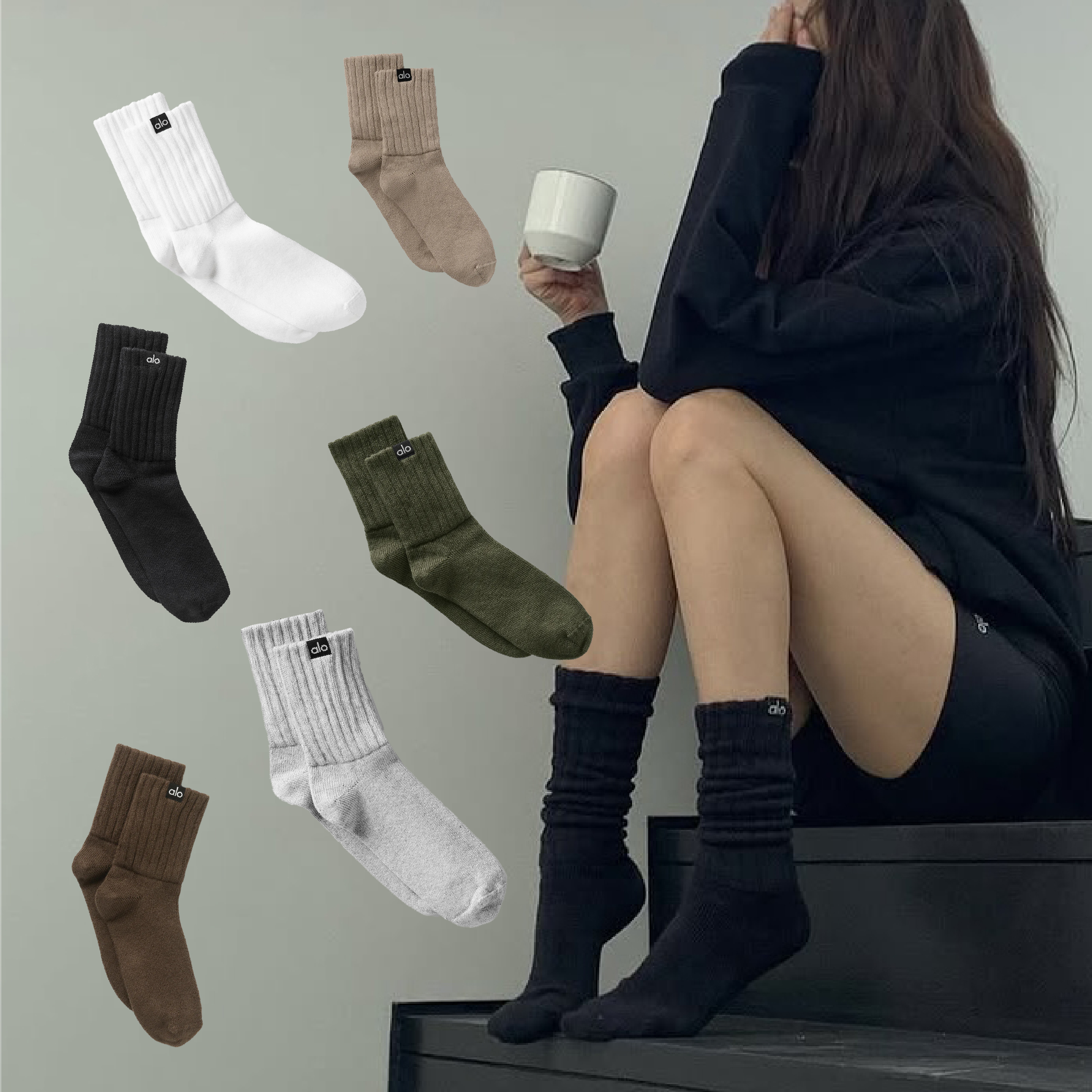 alo Unisex Half-Crew Scrunch Sock 坑條 堆堆襪 中筒襪 皺褶 男女 JISOO同款 金智秀 / 預購