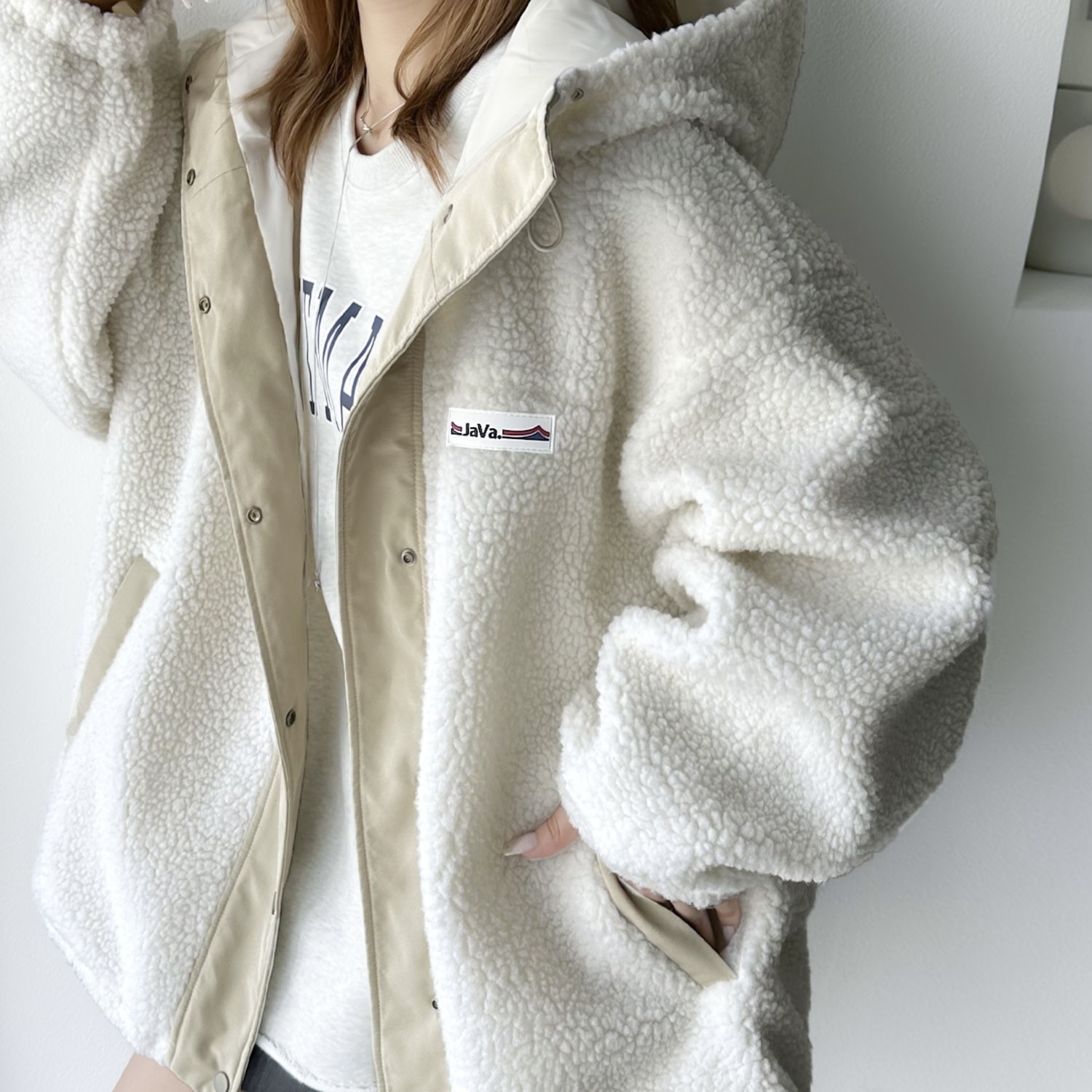 JAVA 羊羔毛 外套 長袖 披肩 立領連帽 復古