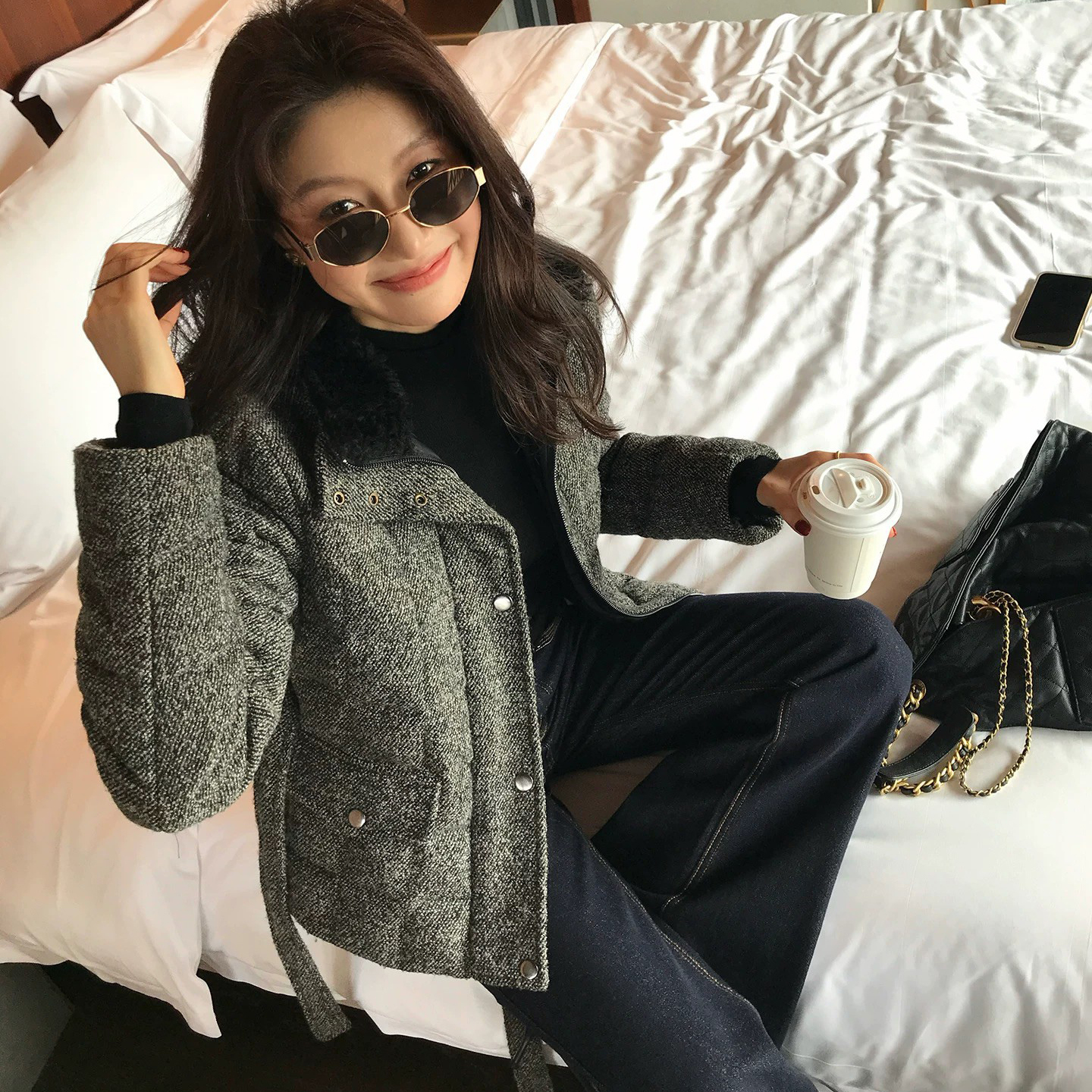 混色質感灰附綁帶造型澎澎排釦外套-S-L (Elegant & Love)