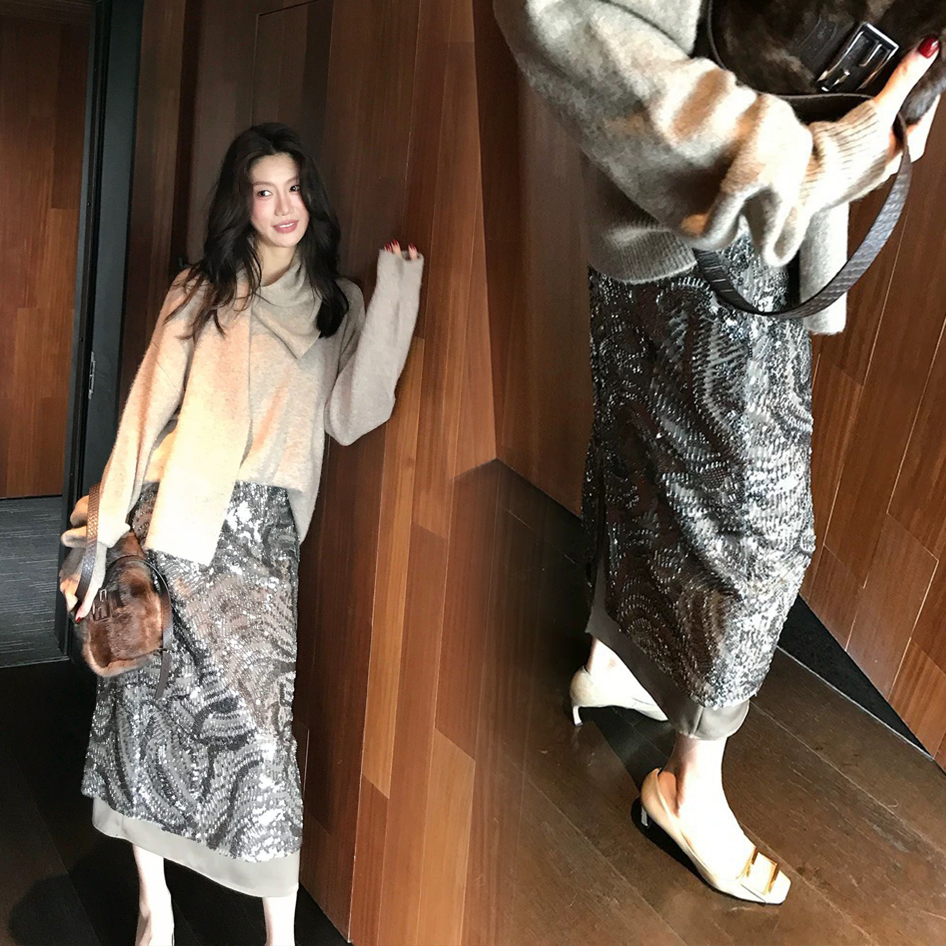 質感灰波紋感閃亮亮長裙亮片裙-S-XL (Elegant & Love)