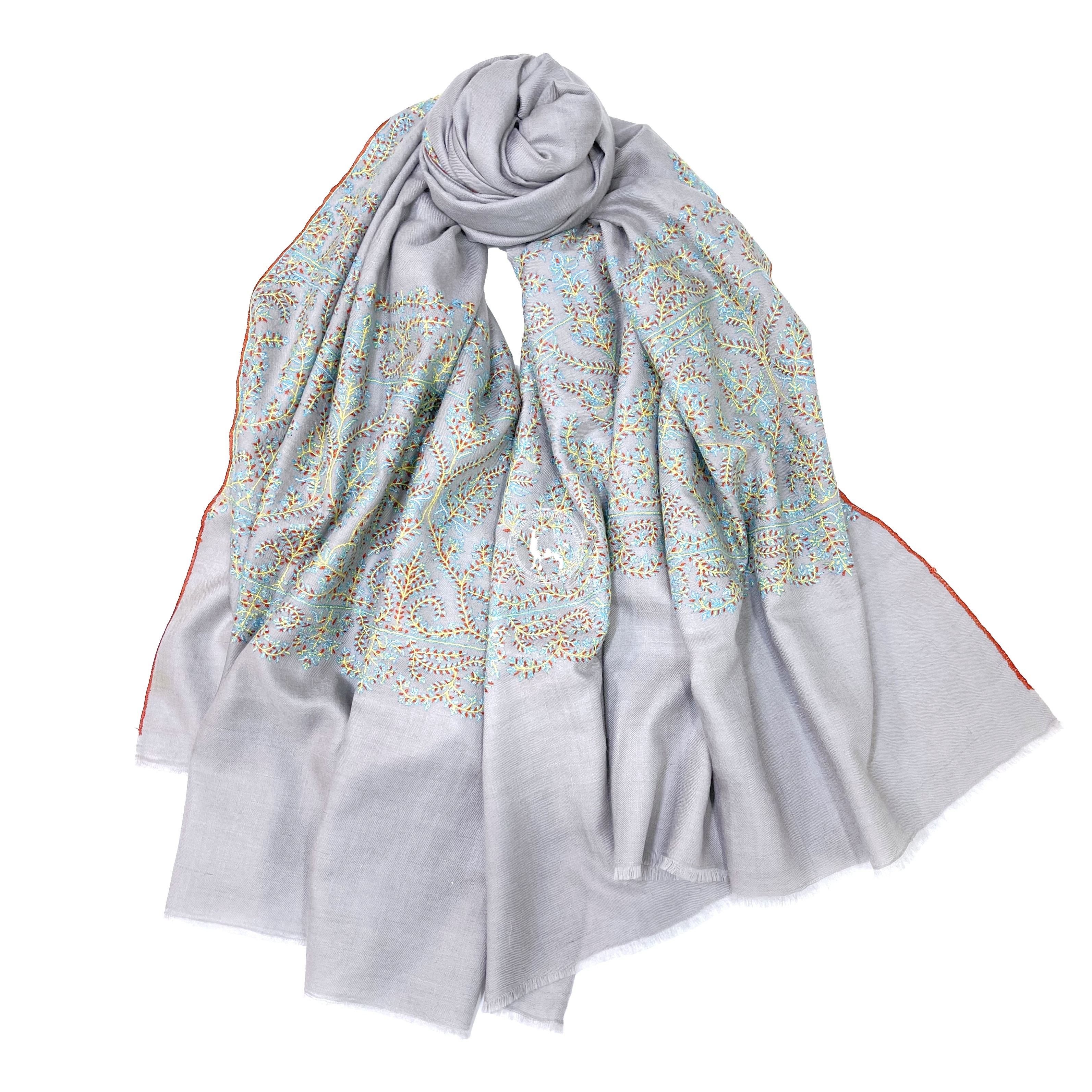 灰色索茲尼刺繡喀什米爾羊絨披肩圍巾