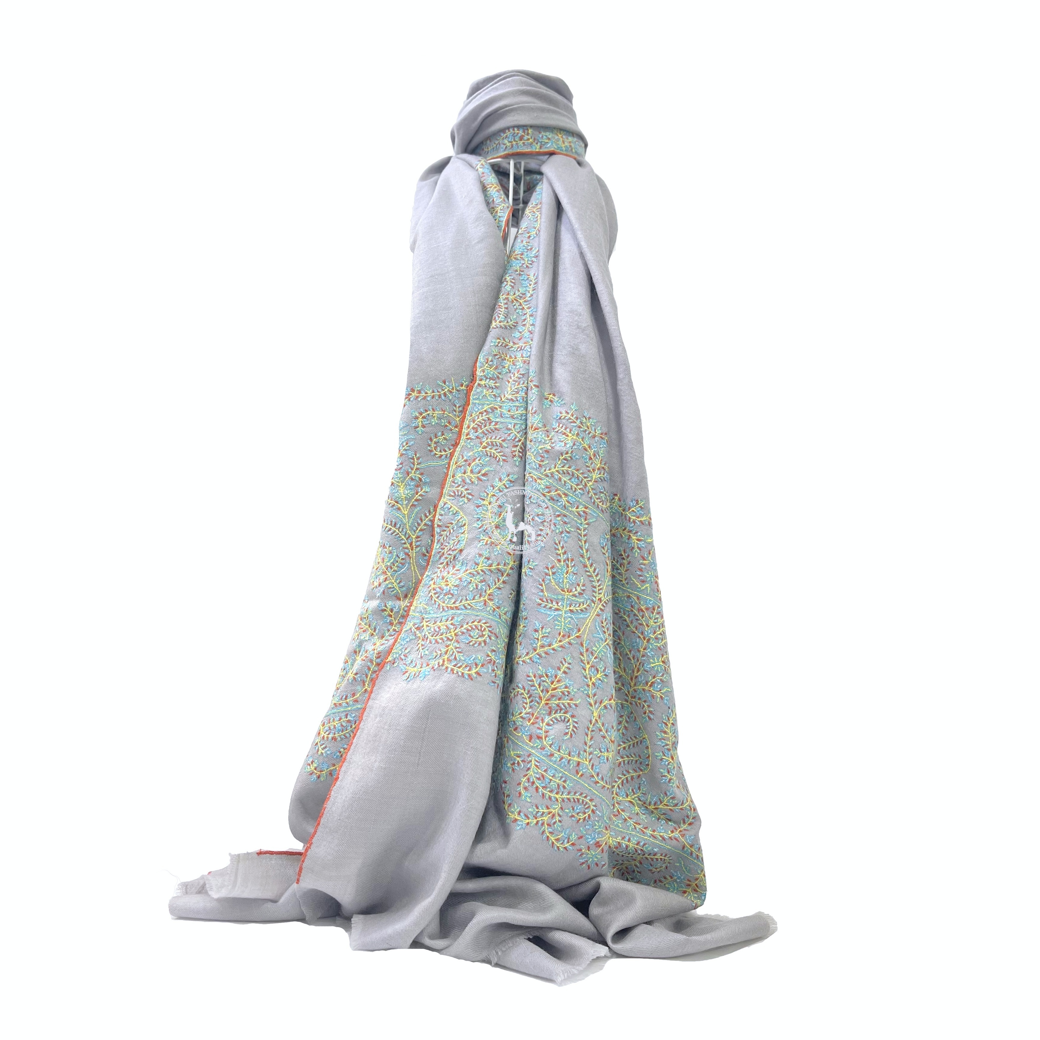 灰色索茲尼刺繡喀什米爾羊絨披肩圍巾