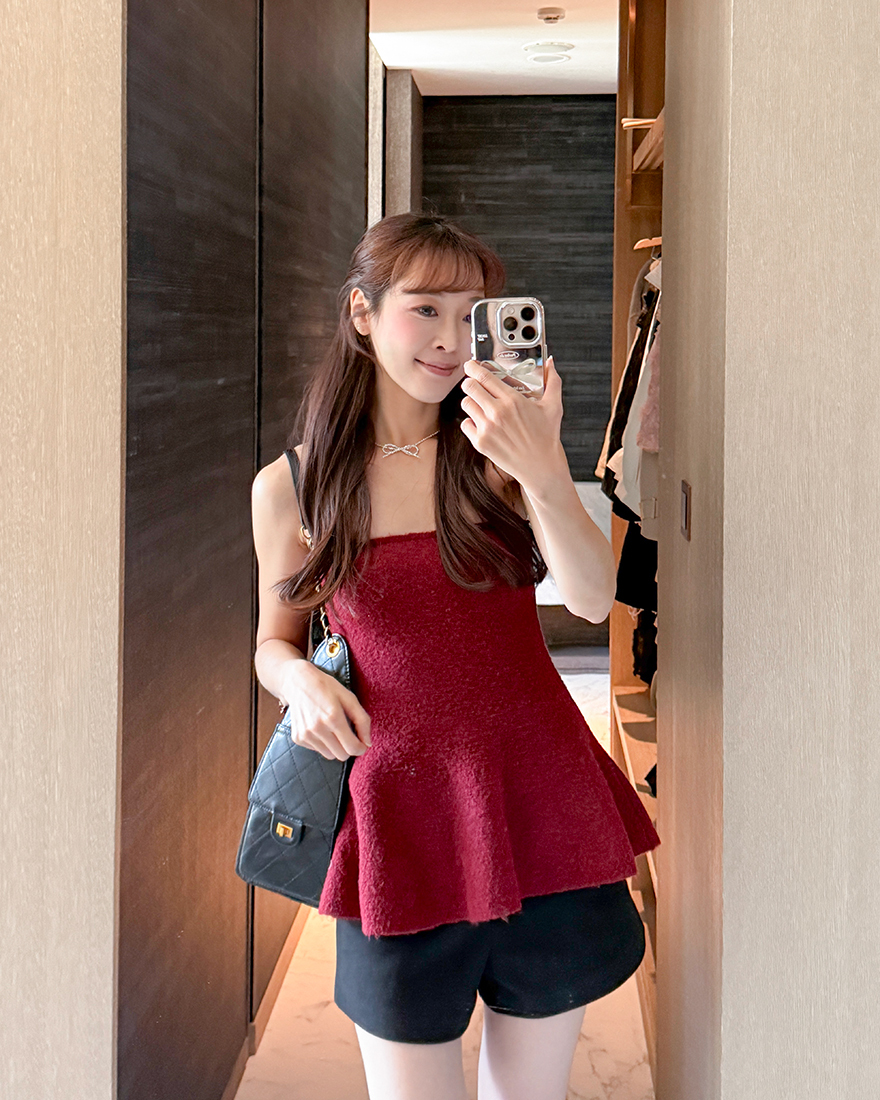 LINA LINA溫暖小辣純色平口傘擺毛料上衣-亮麗紅