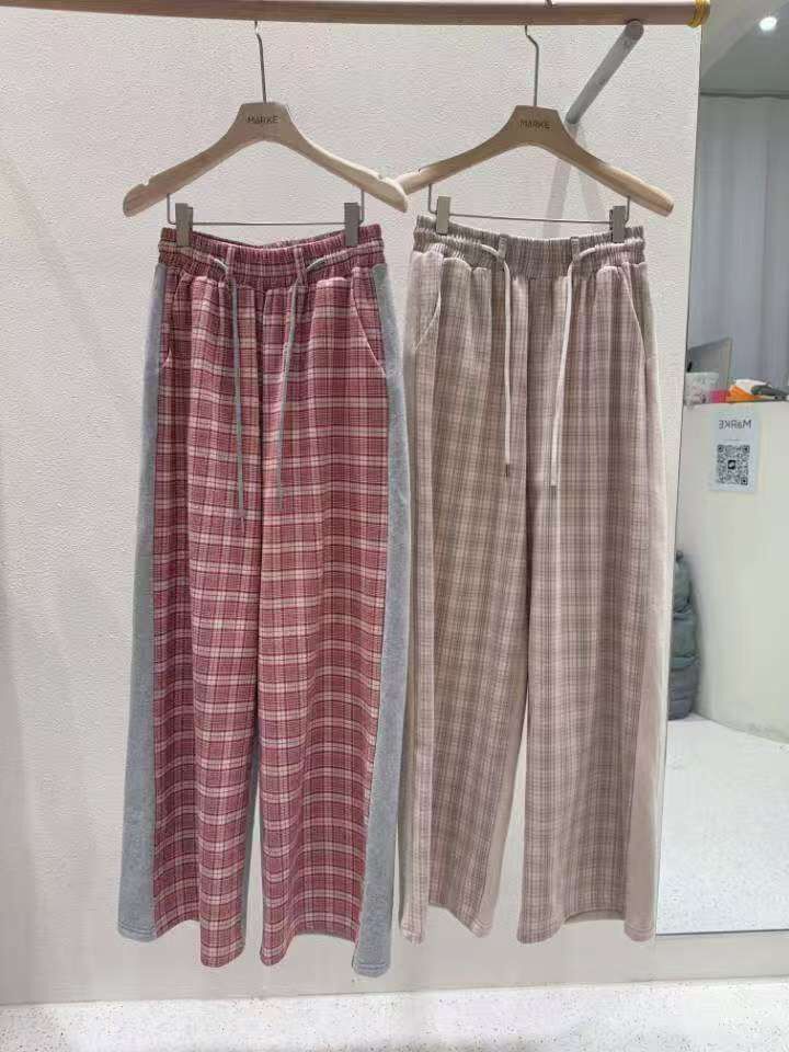 ME5245 側邊拼接格紋寬鬆長褲