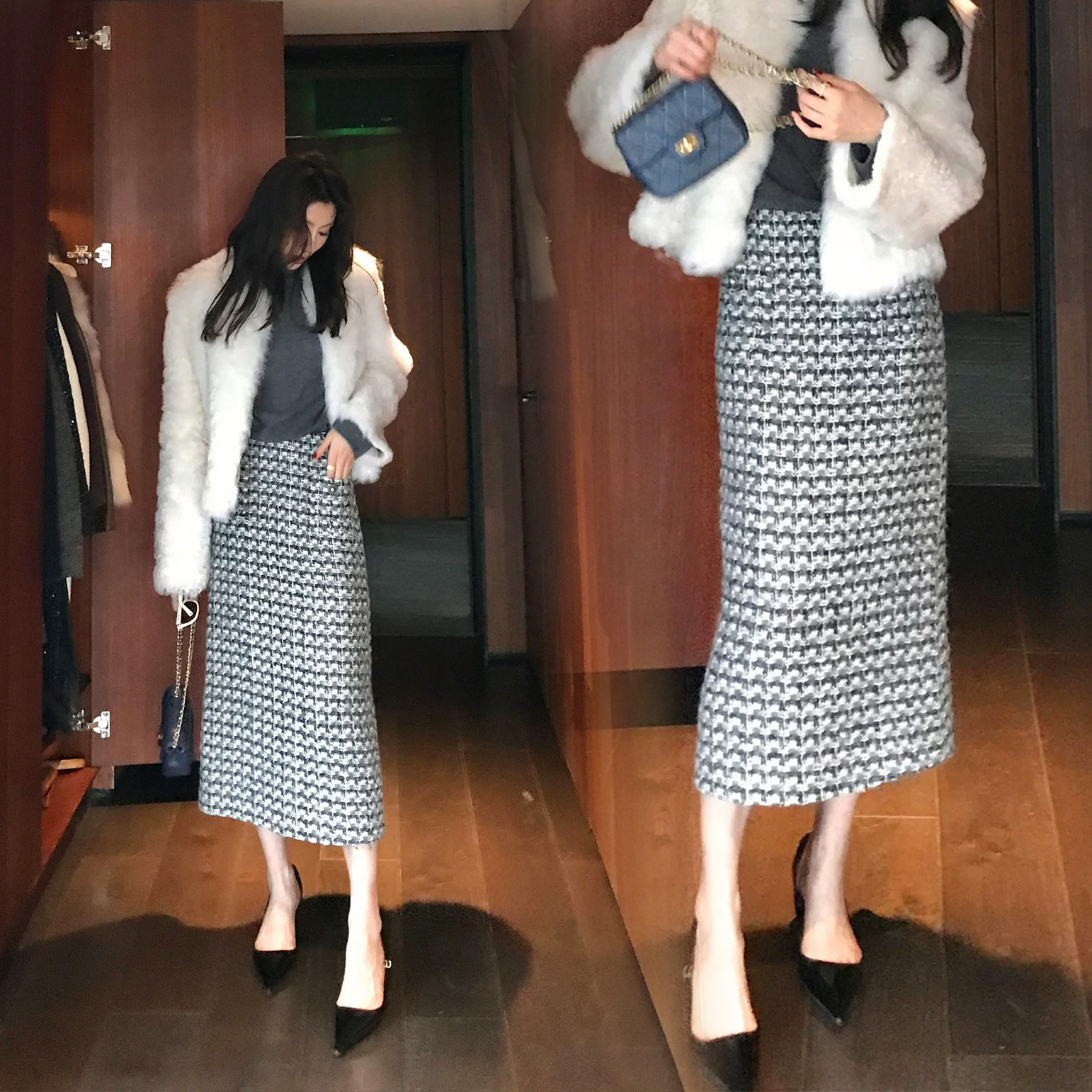 灰白軟呢格紋小香風鉛筆裙長裙-S-XL (Elegant & Love)