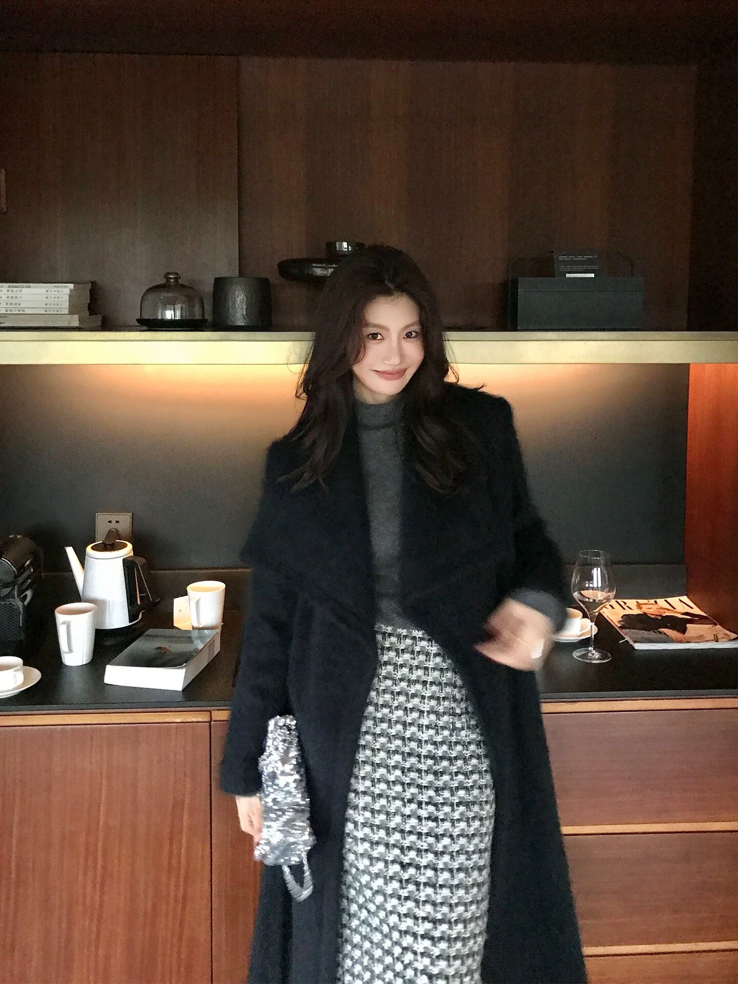 灰白軟呢格紋小香風鉛筆裙長裙-S-XL (Elegant & Love)