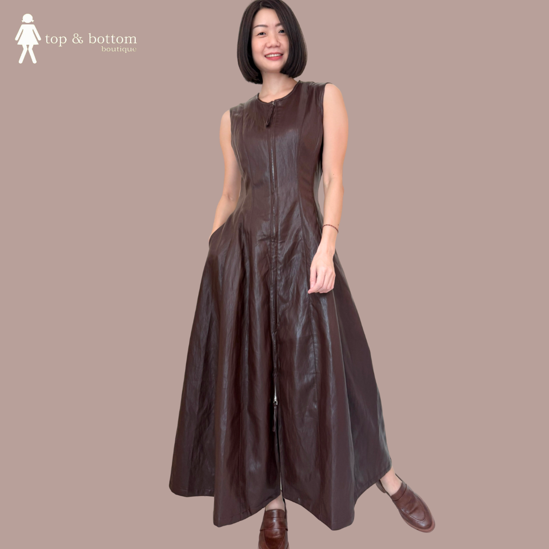 SLEEVELESS PU LEATHER ZIPPED MIDI DRESS
