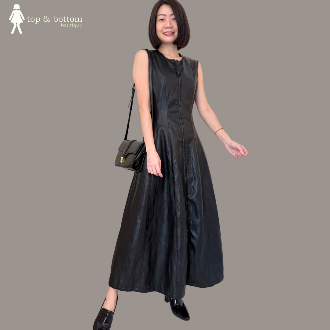 SLEEVELESS PU LEATHER ZIPPED MIDI DRESS
