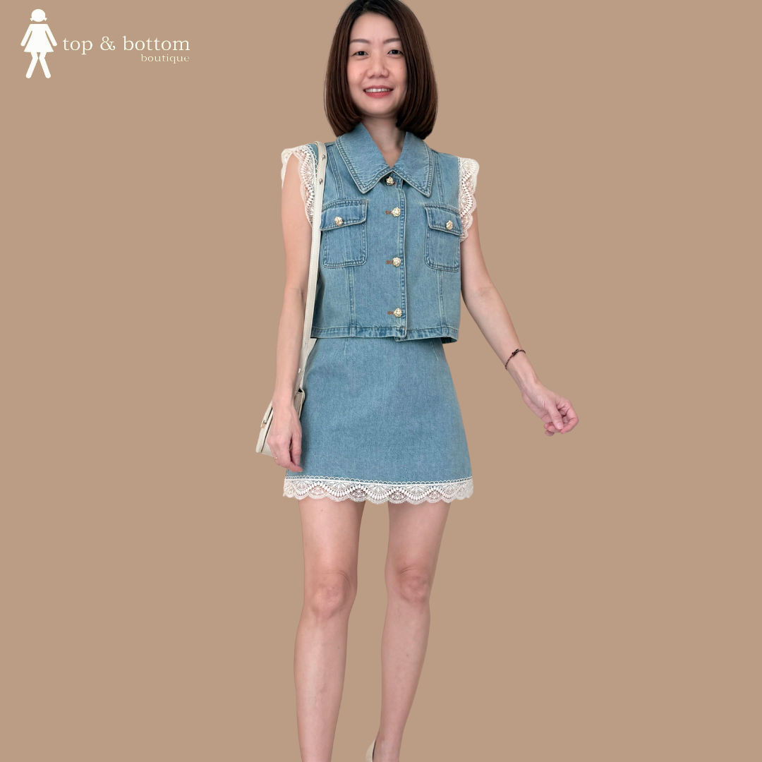DENIM SHORT BLOUSE & SKIRT SET SUIT