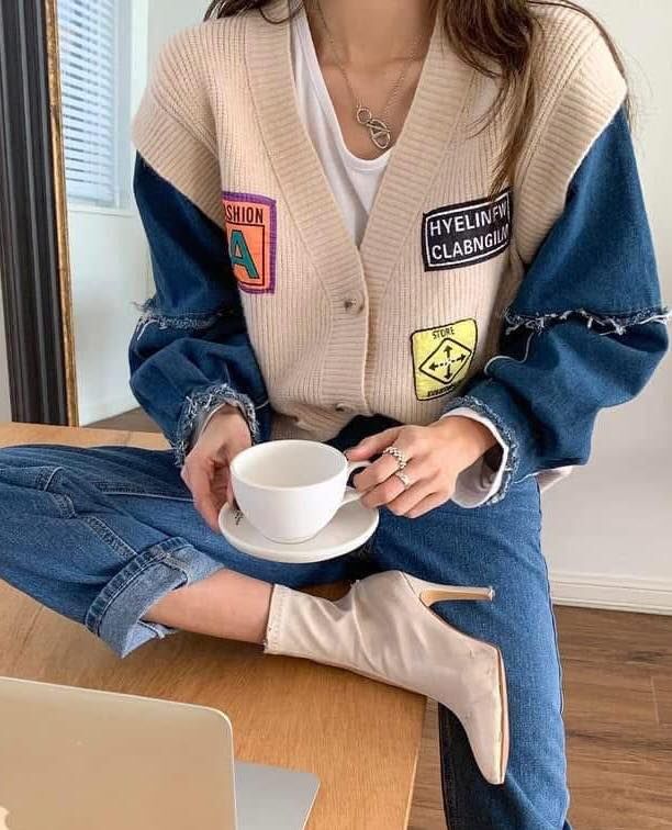 【時髦休閒的牛仔袖拼接針織罩衫】（現貨）