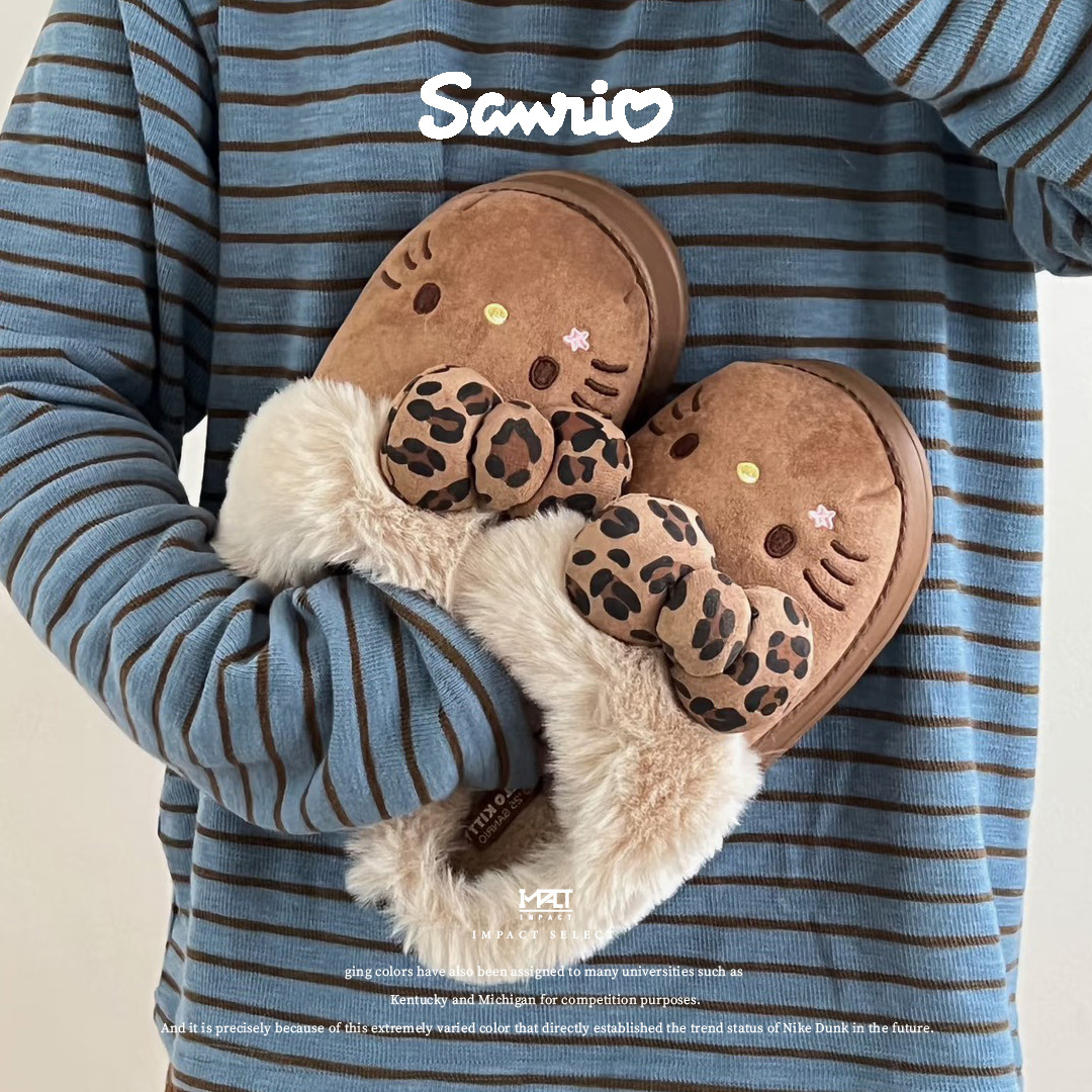 Sanrio三麗鷗 x Hello Kitty凱蒂貓 豹紋蝴蝶結 毛絨穆勒鞋 三色
