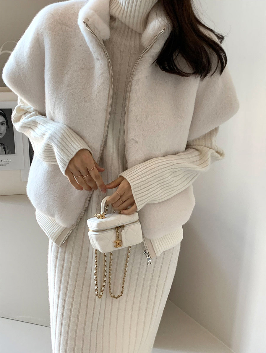 水貂毛拉鍊 皮草寬鬆背心(黑/白)