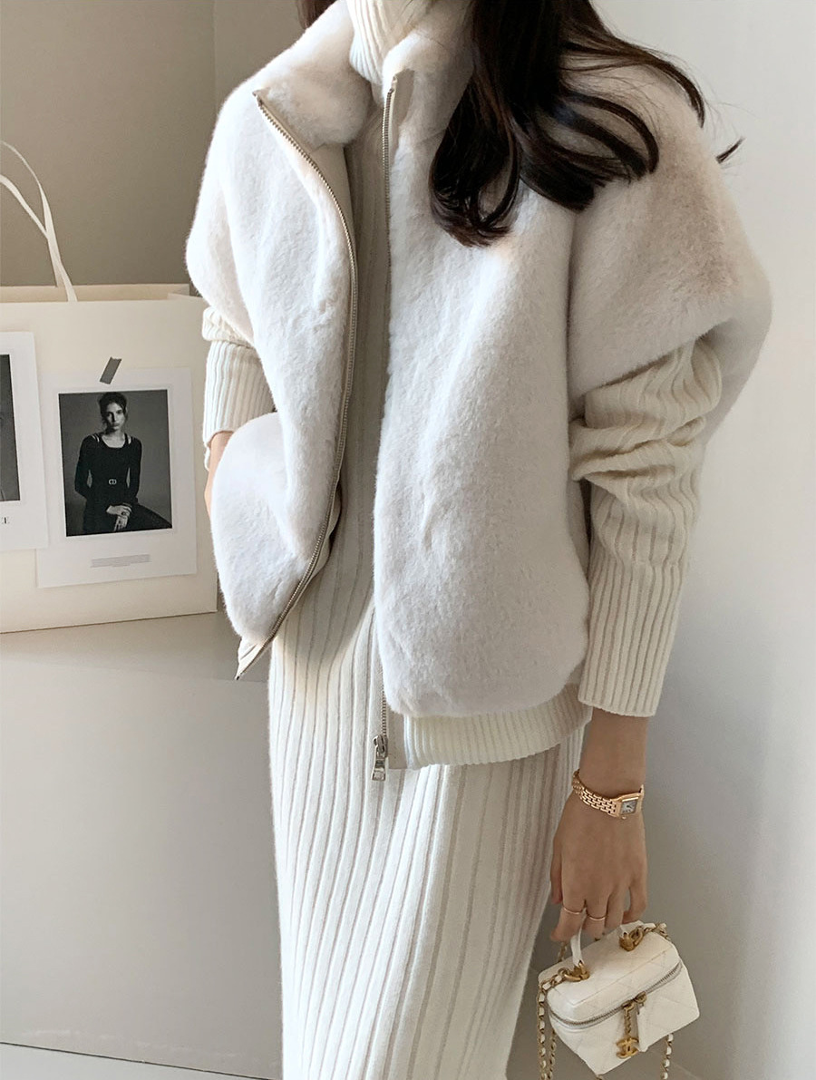 水貂毛拉鍊 皮草寬鬆背心(黑/白)