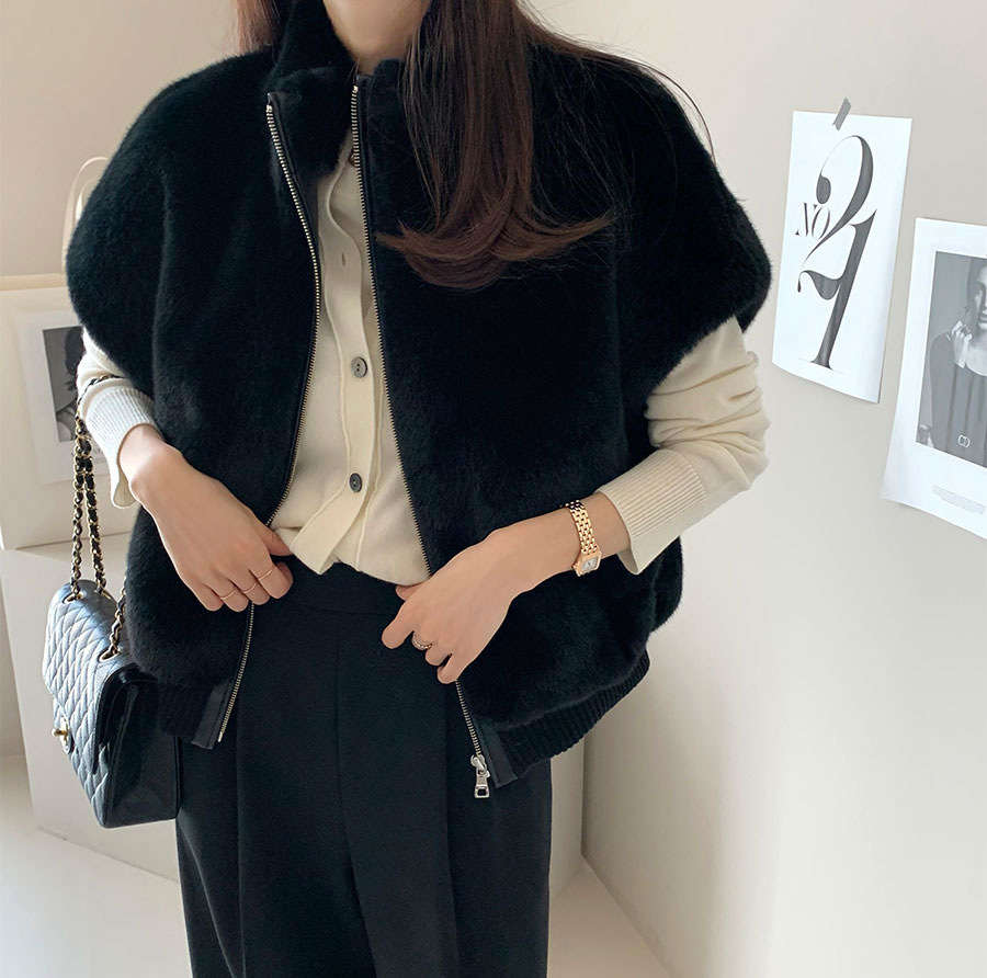 水貂毛拉鍊 皮草寬鬆背心(黑/白)