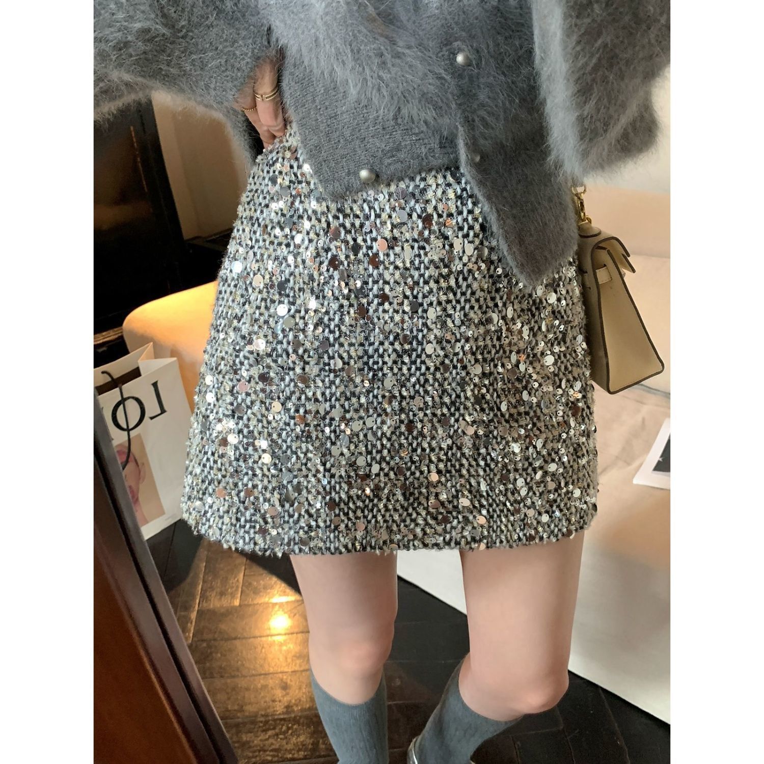 高定感 亮片毛尼短裙