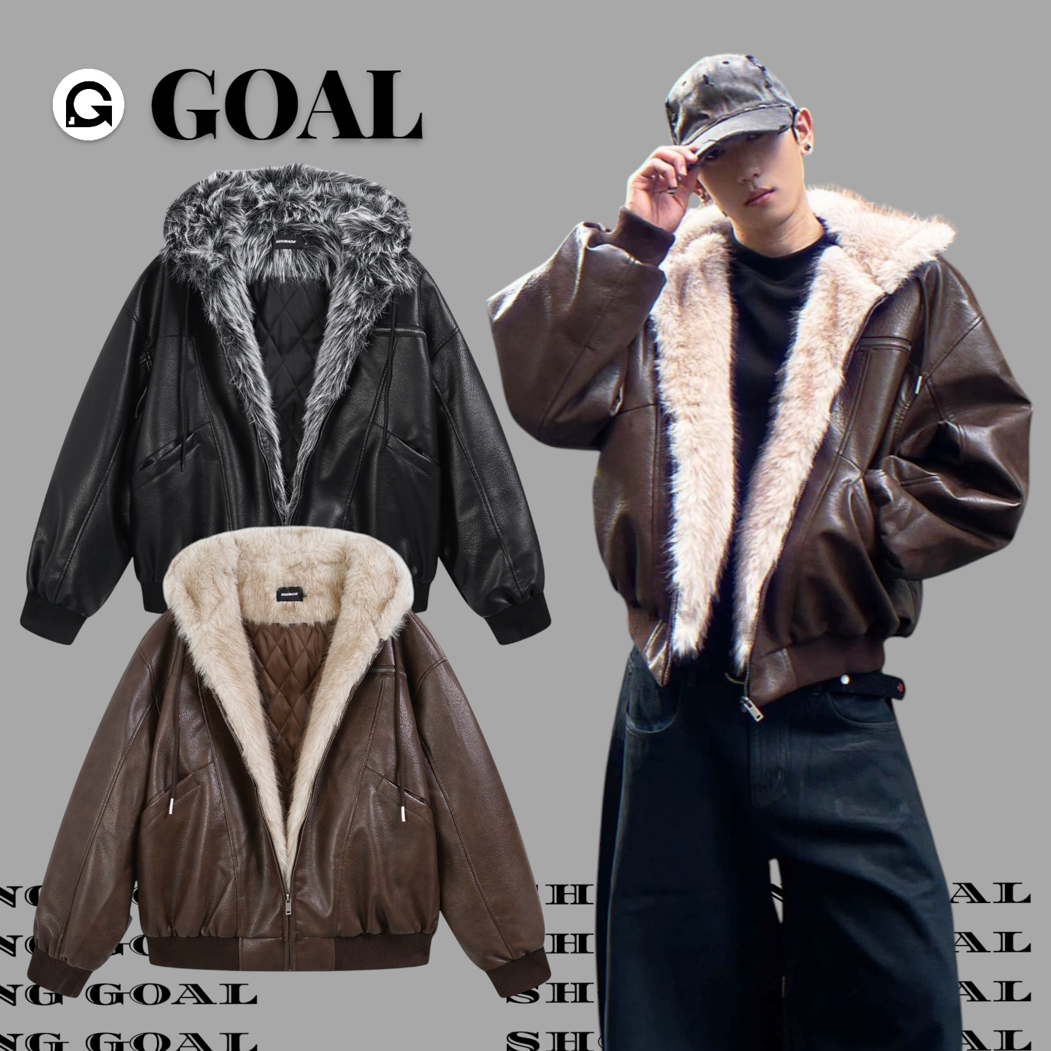 (GOAL)美式座山 雕皮皮革 毛領外套 KA299
