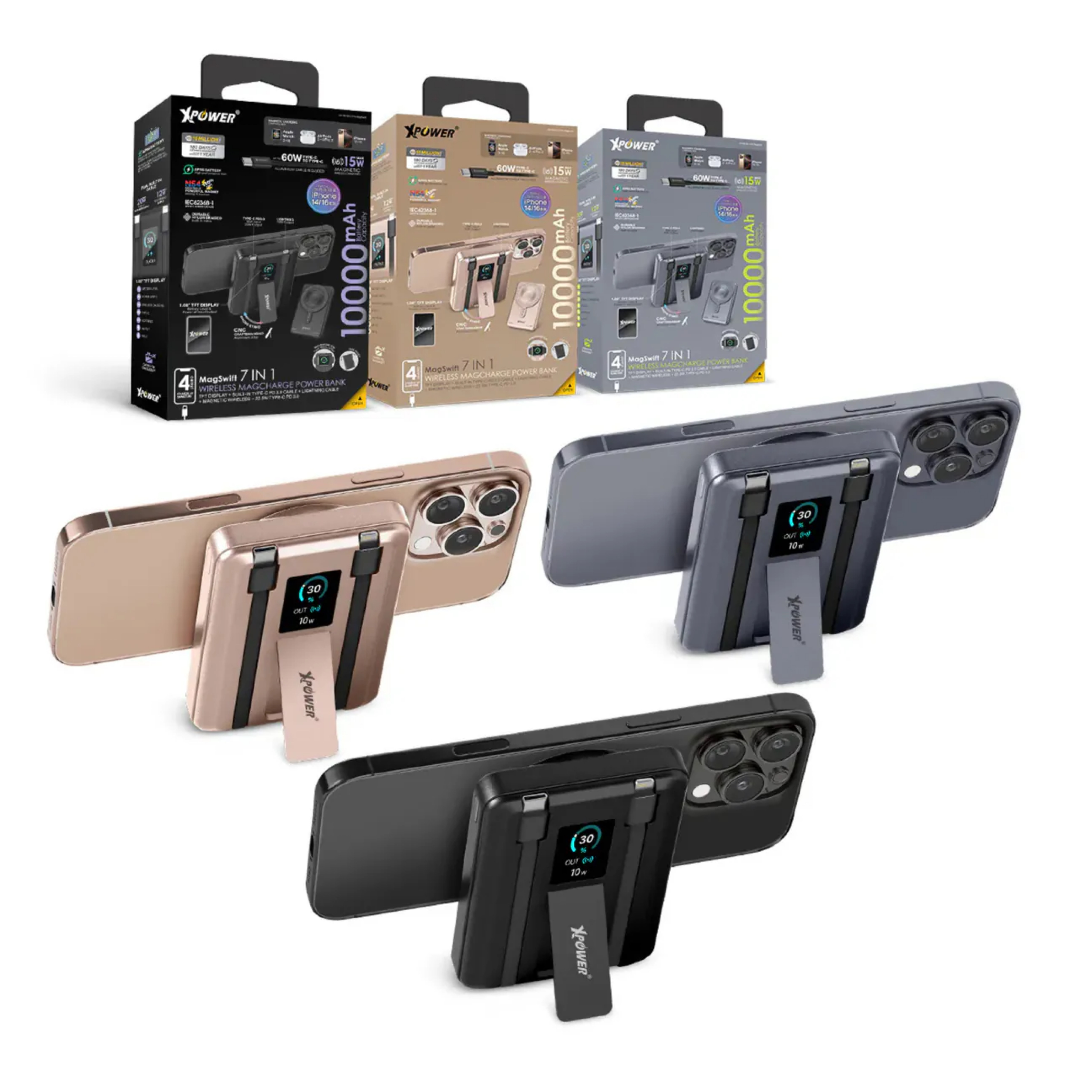 XPower MagSwift 7合1多功能數顯10000mAh Type-C PD/Lightning雙內置線+磁吸PD3.0無線移動電源