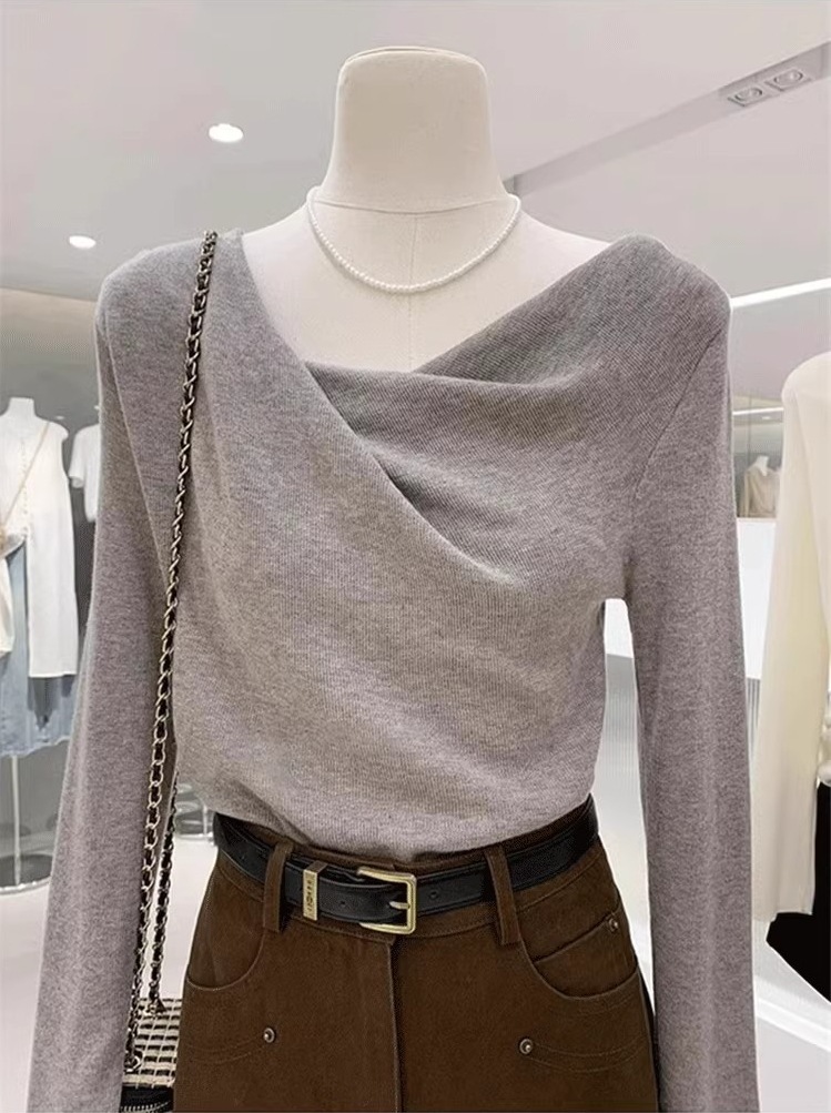 不規則垂墜領 長袖針織上衣(多色)