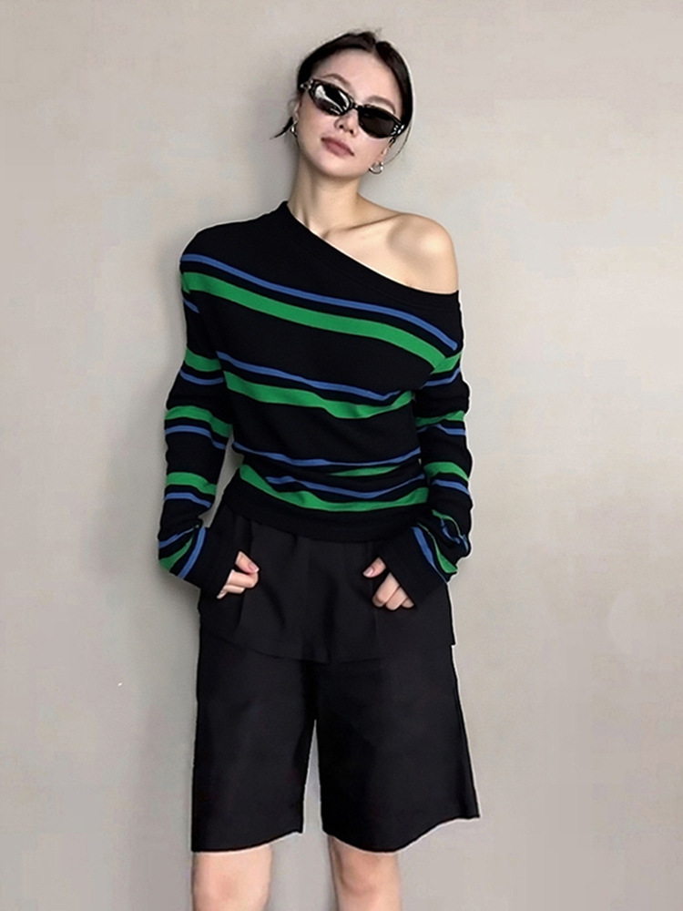 高級撞色 條紋針織上衣