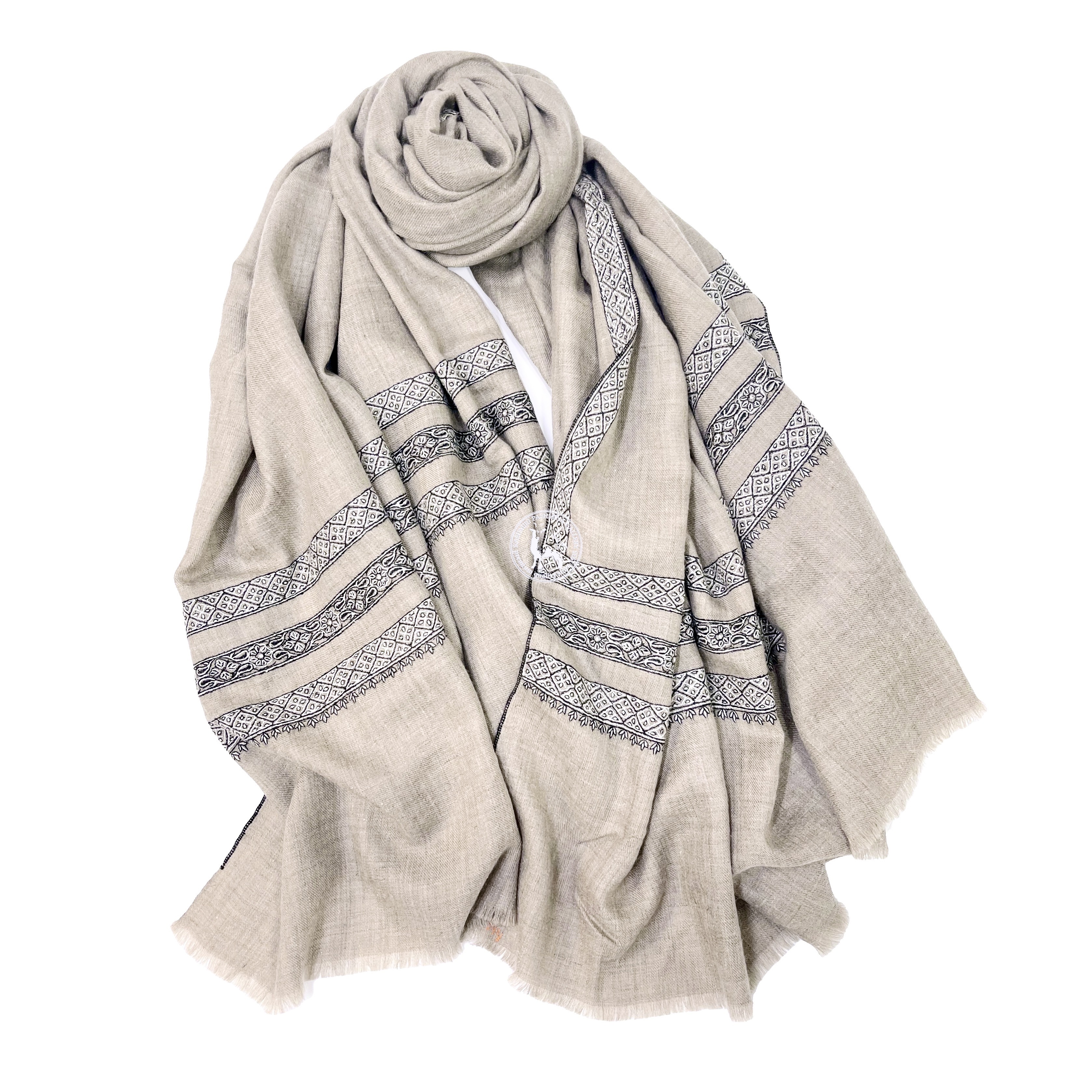 天然駝色索茲尼刺繡羊絨披肩圍巾