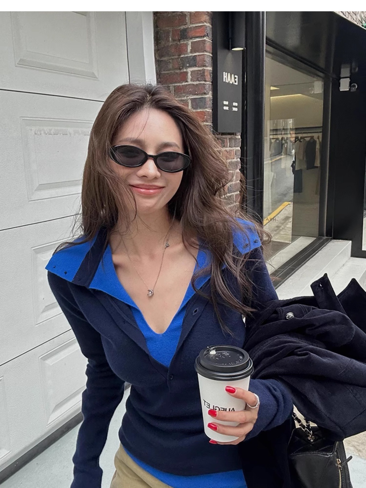 不費力的時髦 假2件翻領針織上衣